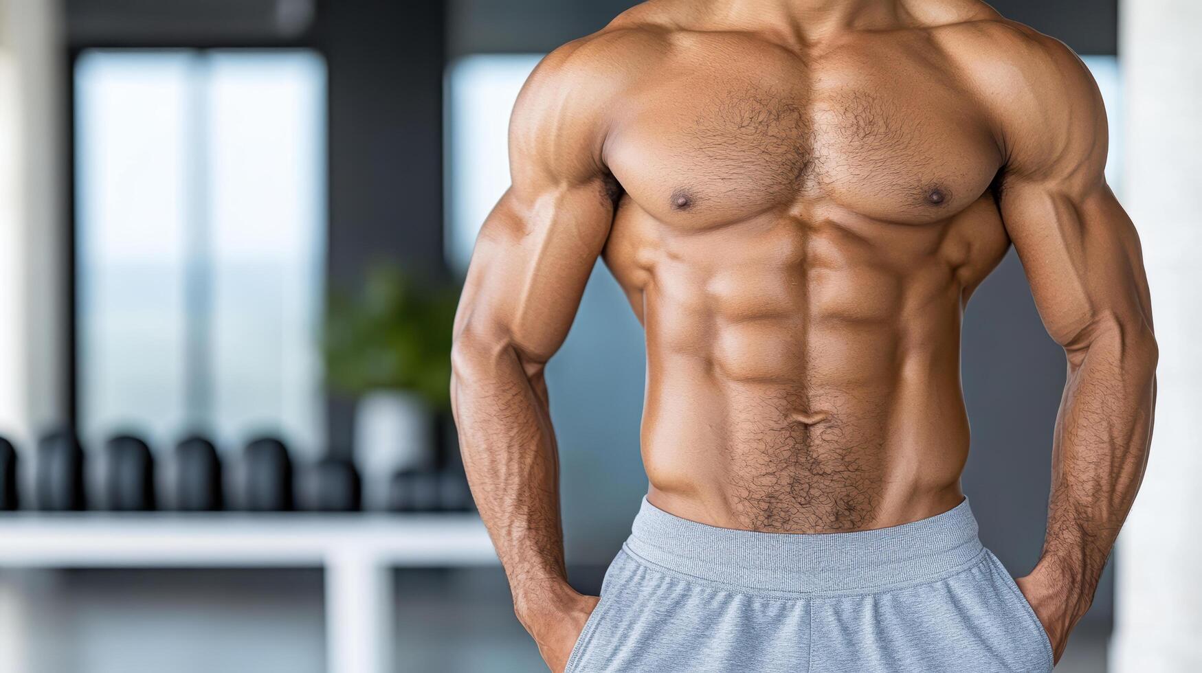 A man with a muscular body standing in front of a gym photo