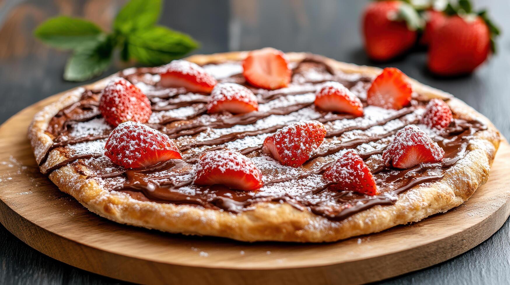 A chocolate pizza with strawberries on top photo