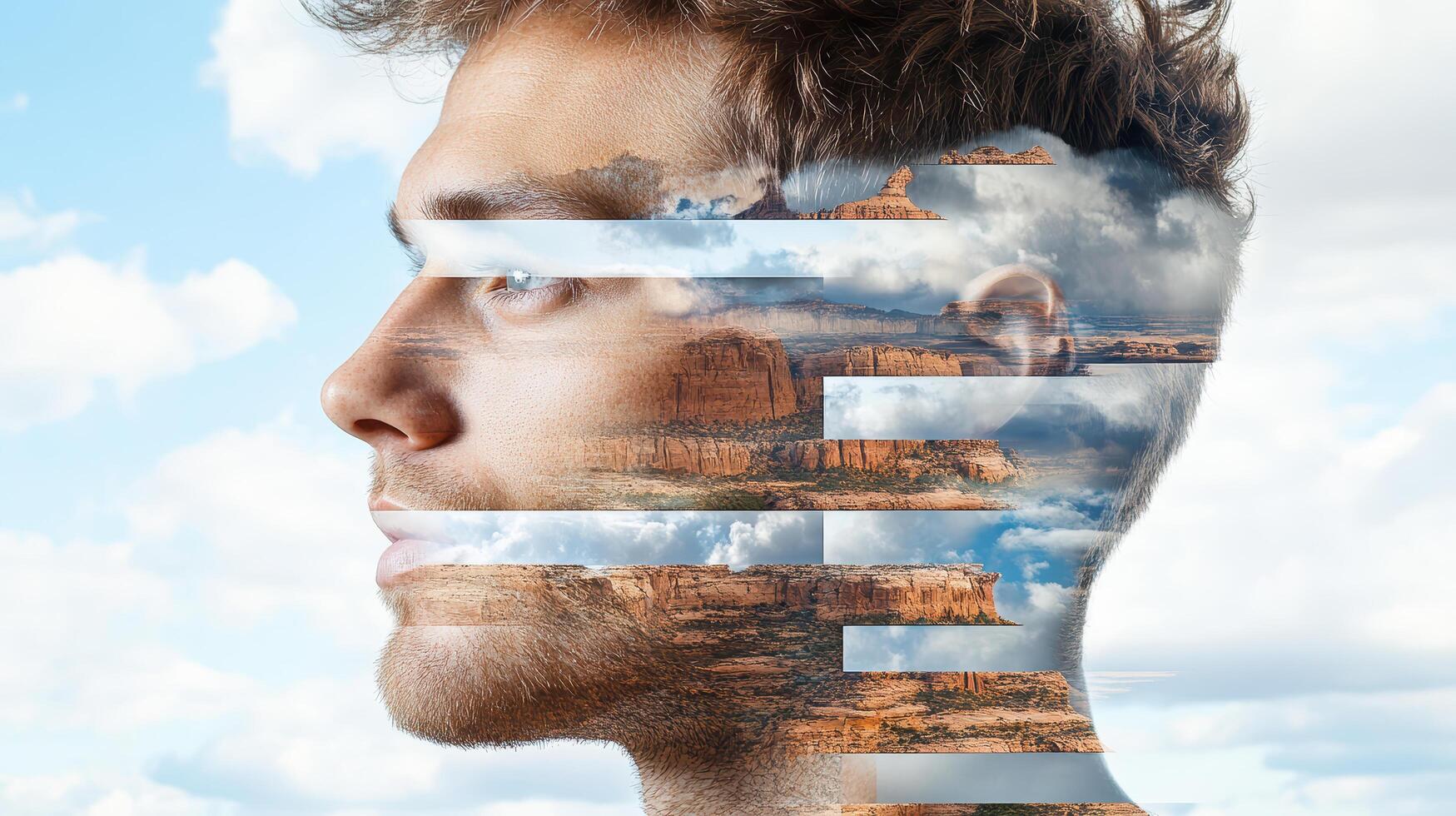 A man's face is made up of two images photo