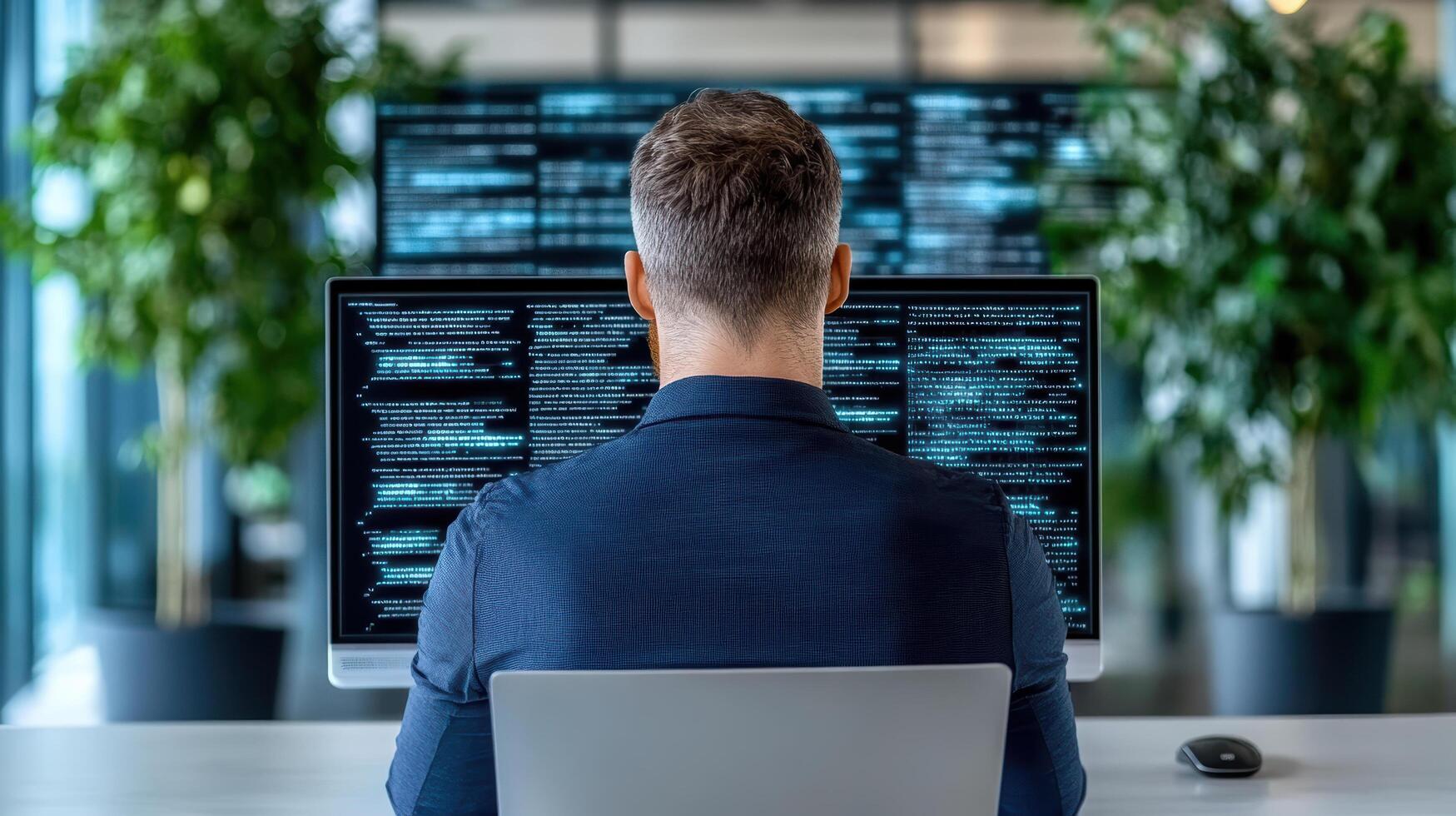 A man sitting at a desk with a computer screen photo
