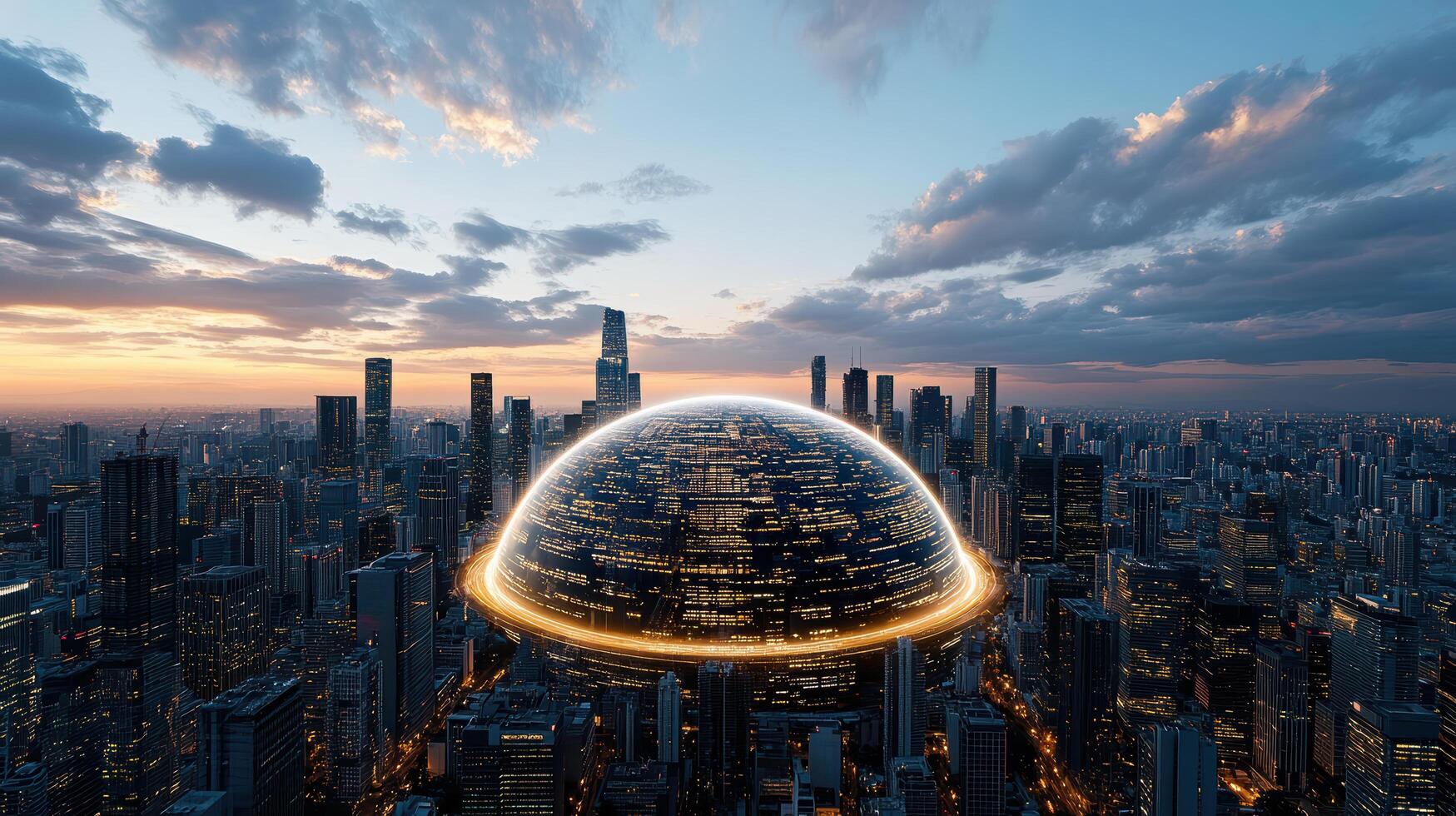 A futuristic city with a sphere in the middle photo