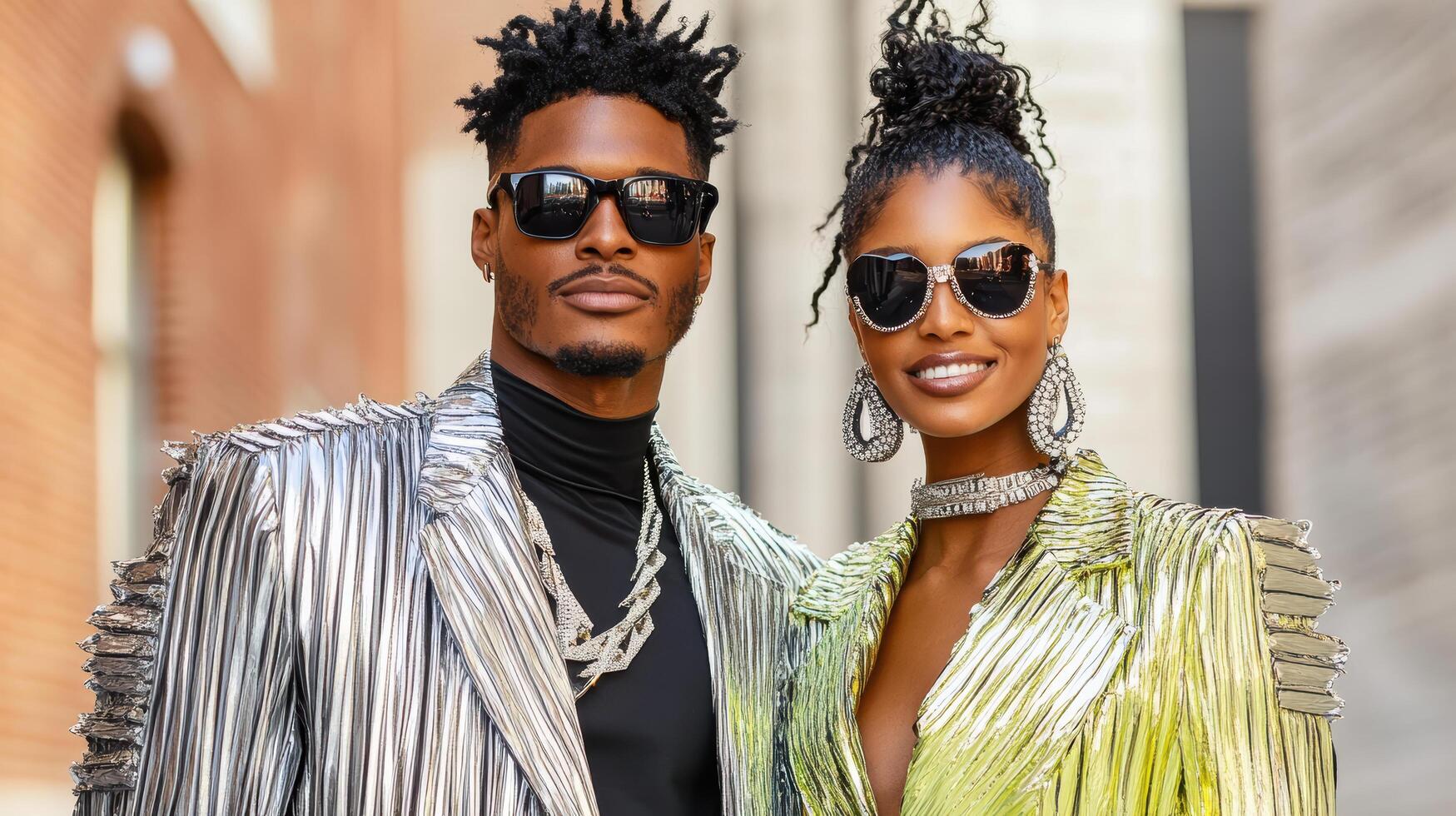 A man and woman wearing sunglasses and shiny outfits photo