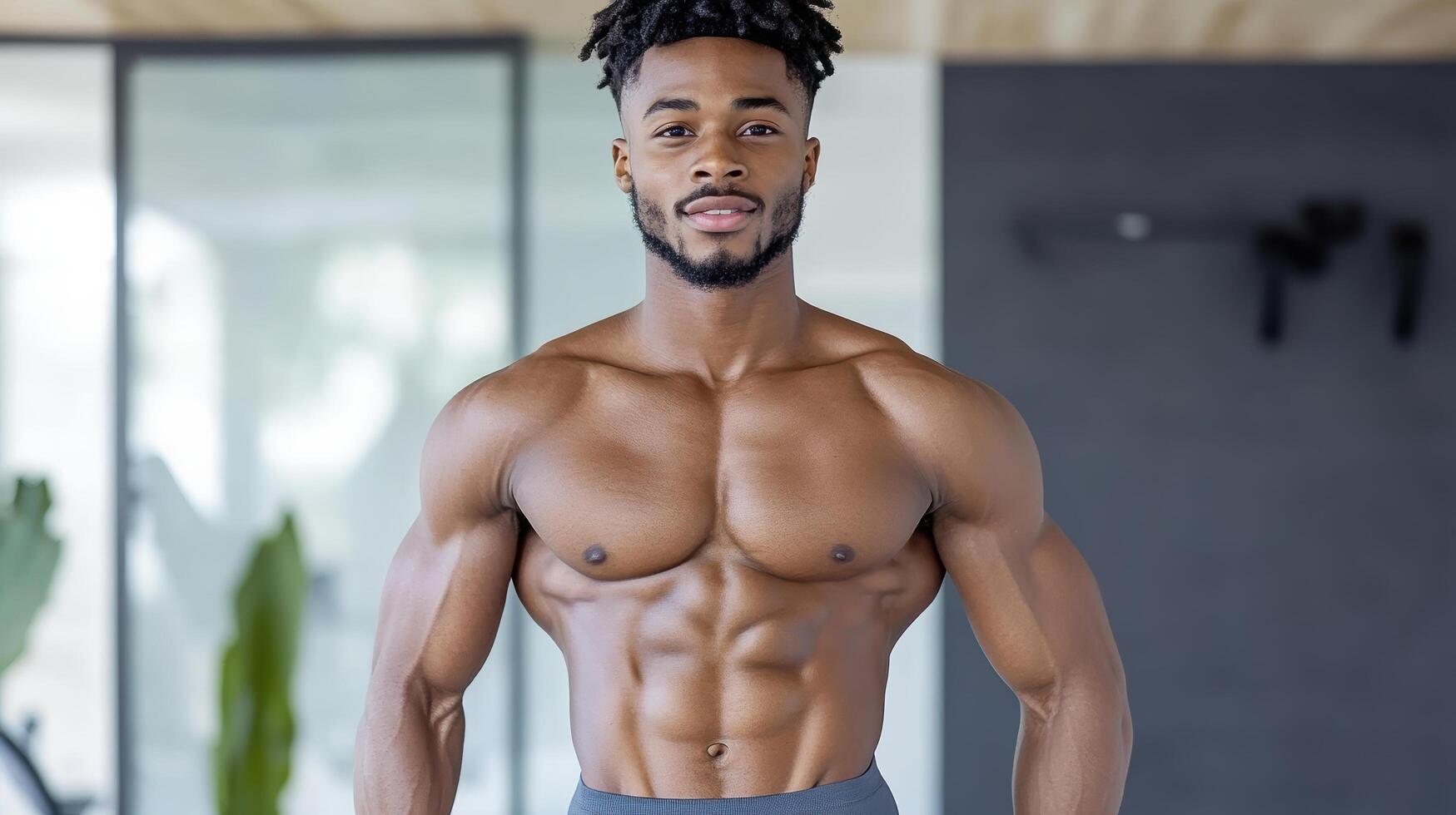 A man with a muscular body standing in a gym photo