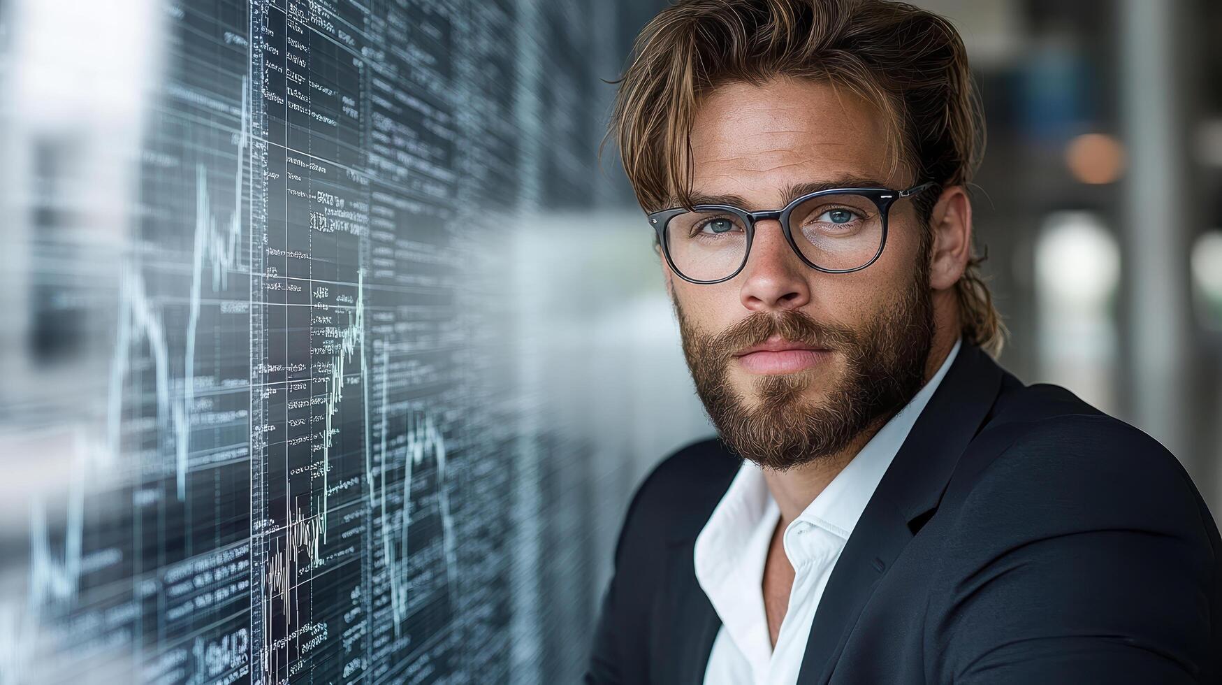 A man with glasses and a beard is looking at a computer screen photo