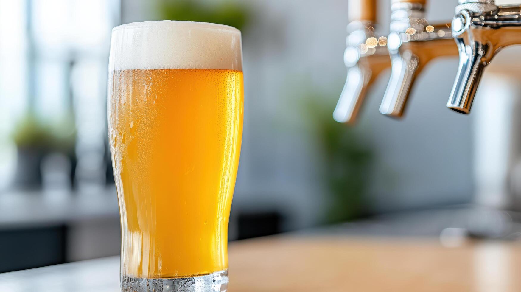 A beer glass with a beer in it sitting on a bar photo