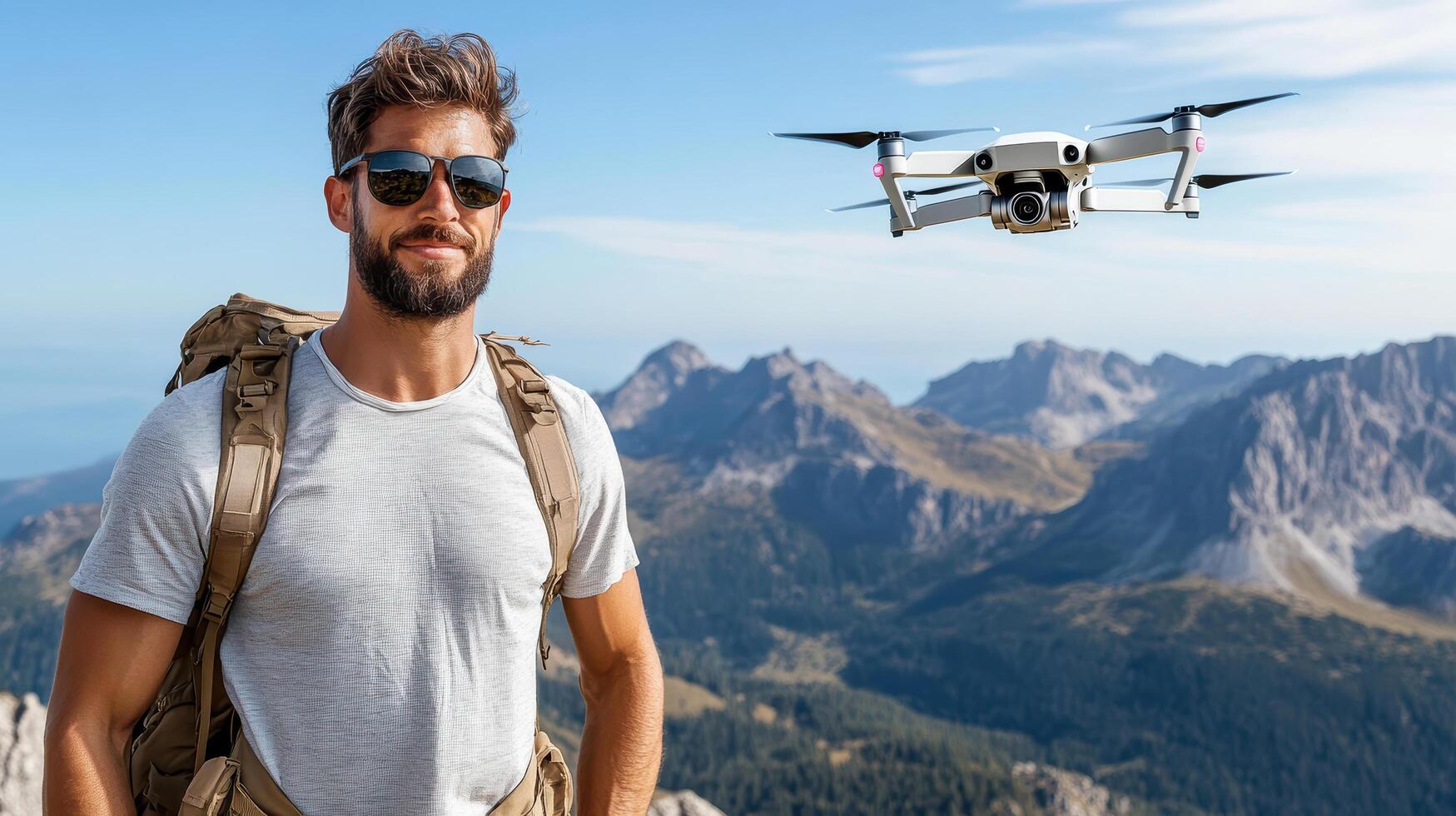 A man with a backpack and sunglasses is standing in front of a drone photo