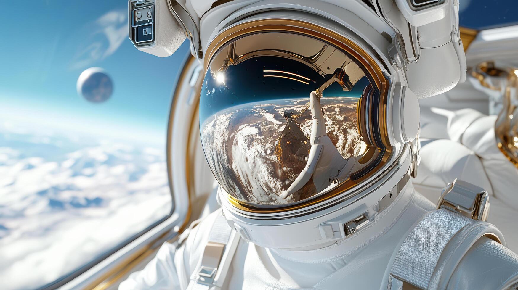 An astronaut in space looking out the window photo