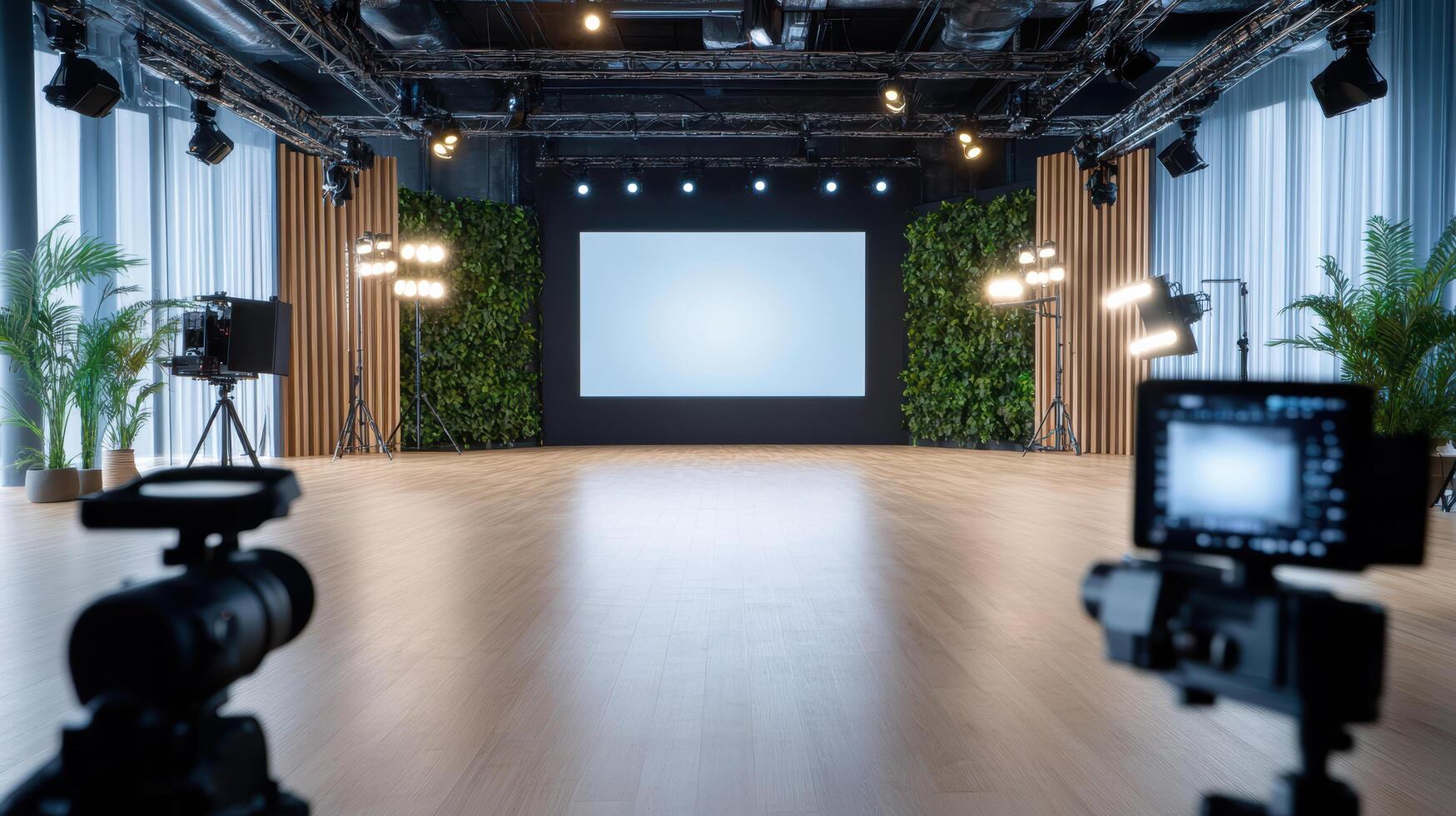 A large empty room with a screen and a camera photo