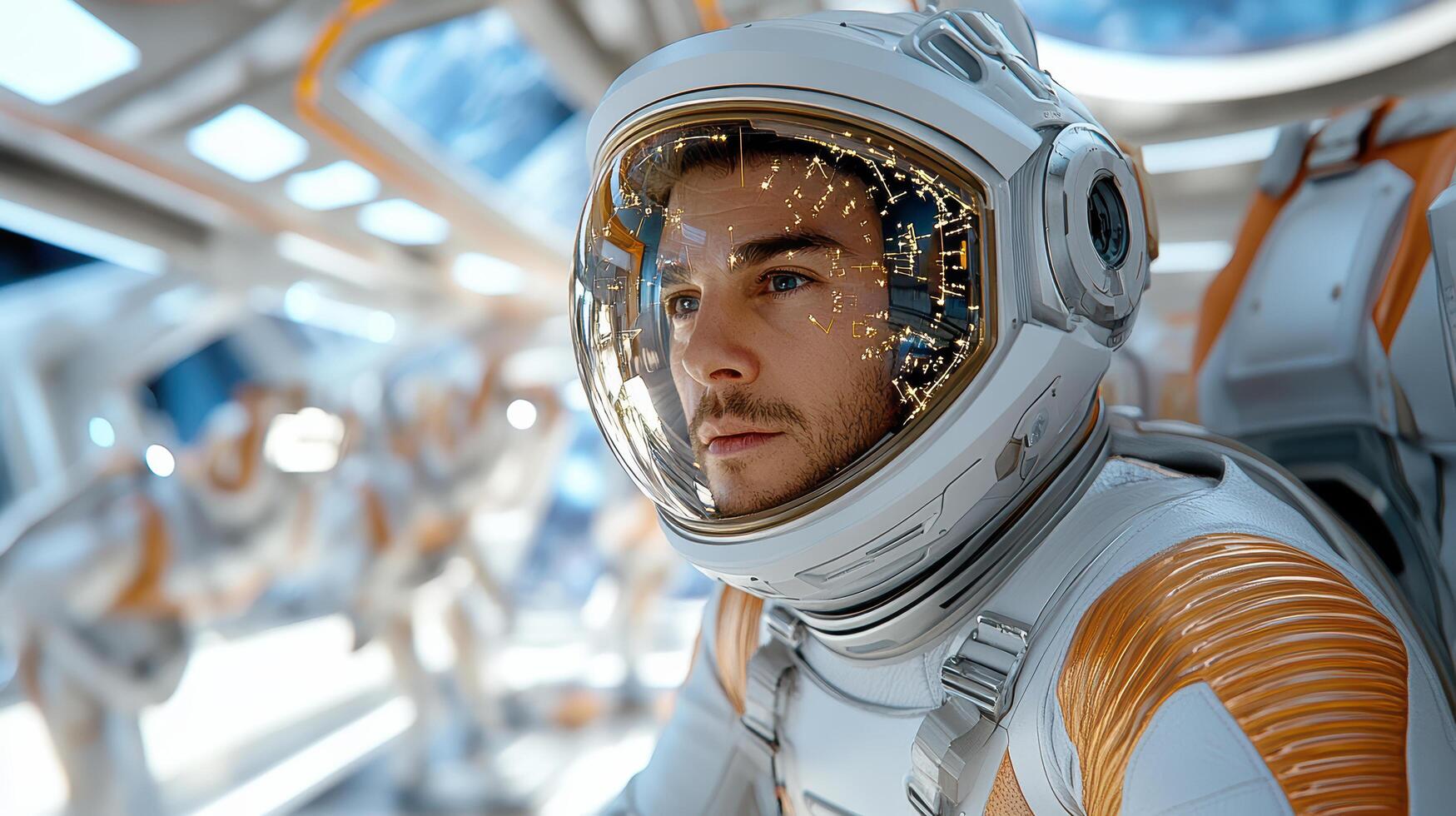A man in an orange and white space suit photo