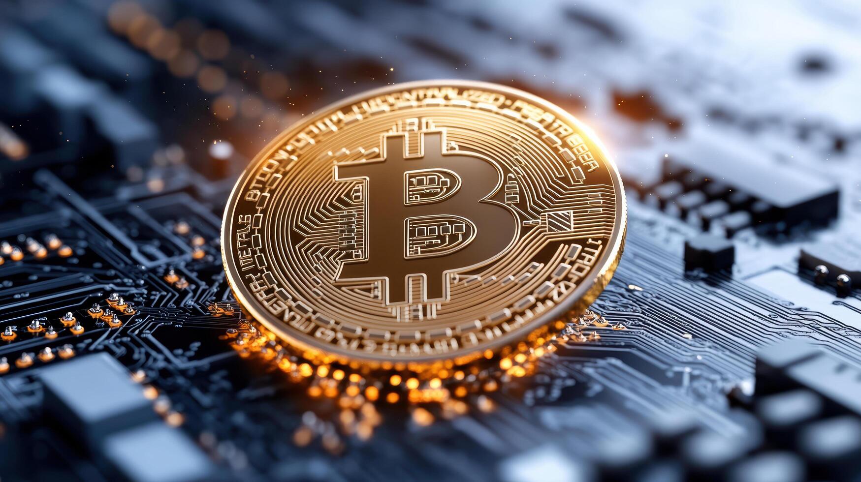 Bitcoin on circuit board with light photo