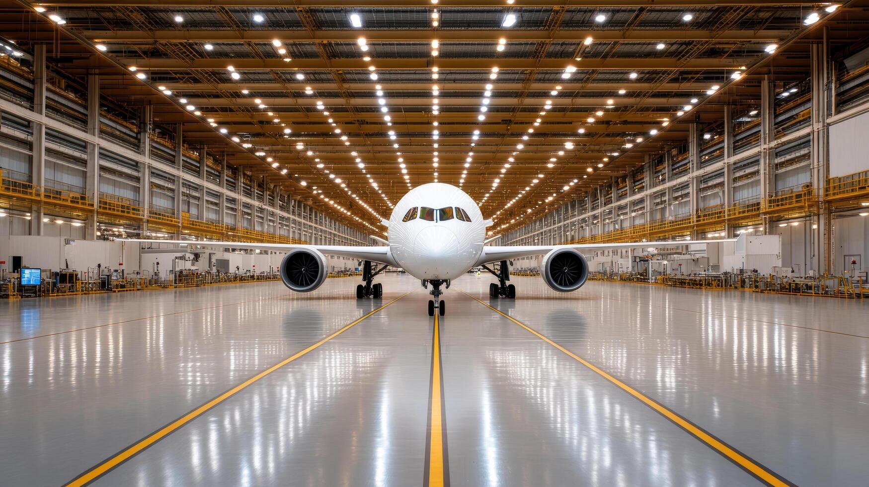 An airplane sitting in a large hangar photo