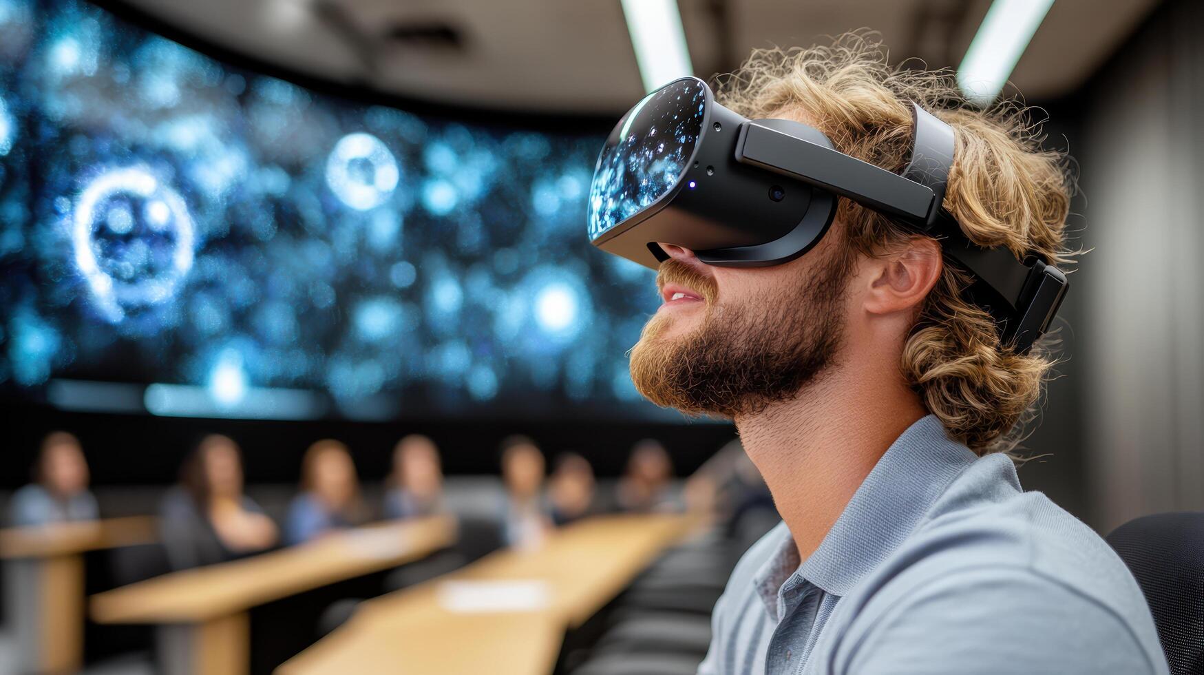 student using virtual reality technology in modern classroom setting photo