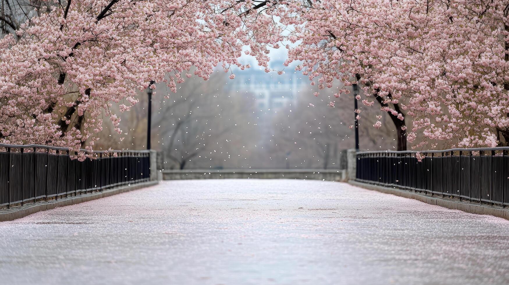 serene cherry blossom forest in full bloom with pink petals falling gently photo