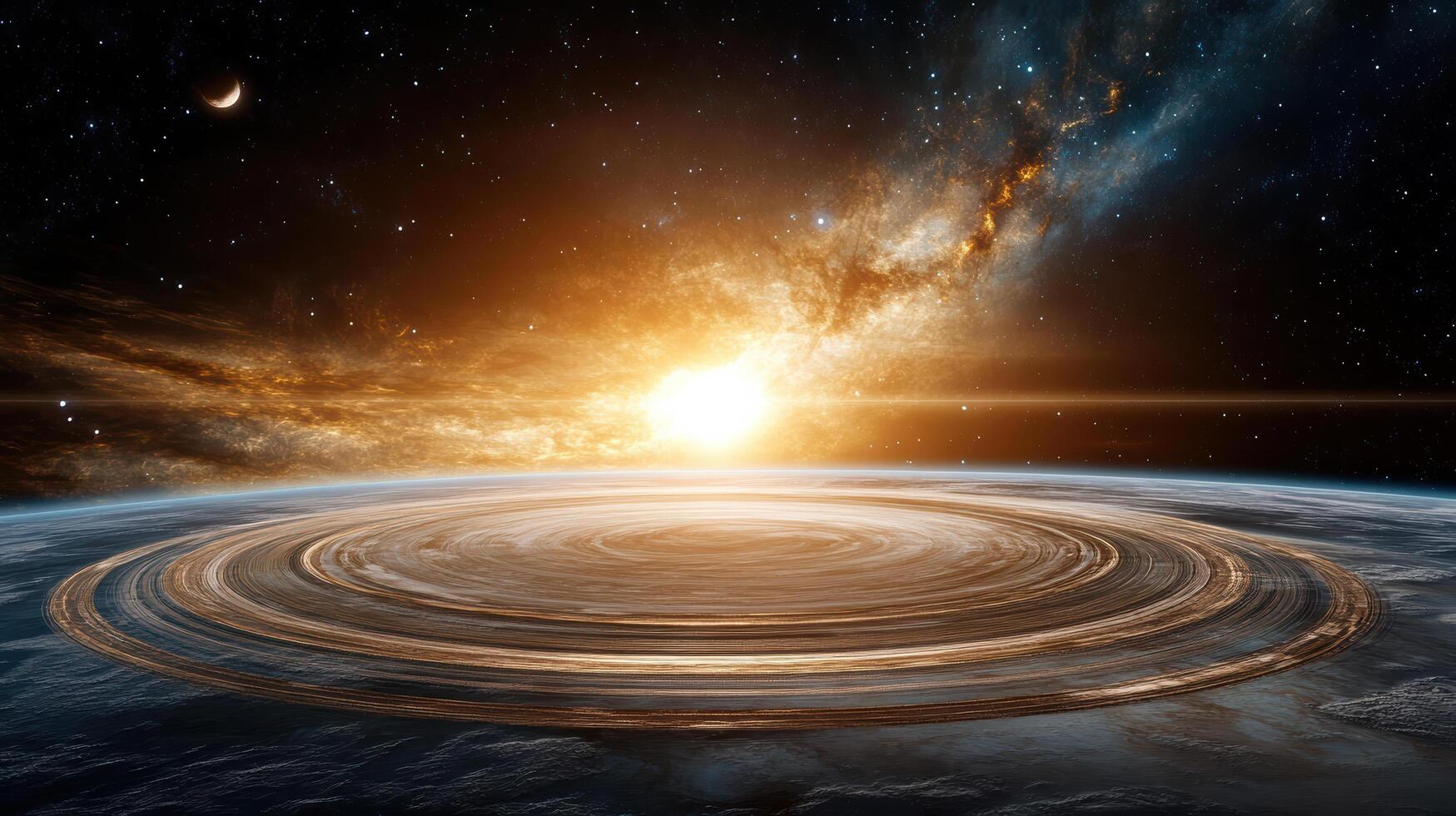 stunning view of gas giant with vibrant rings and glowing sun photo