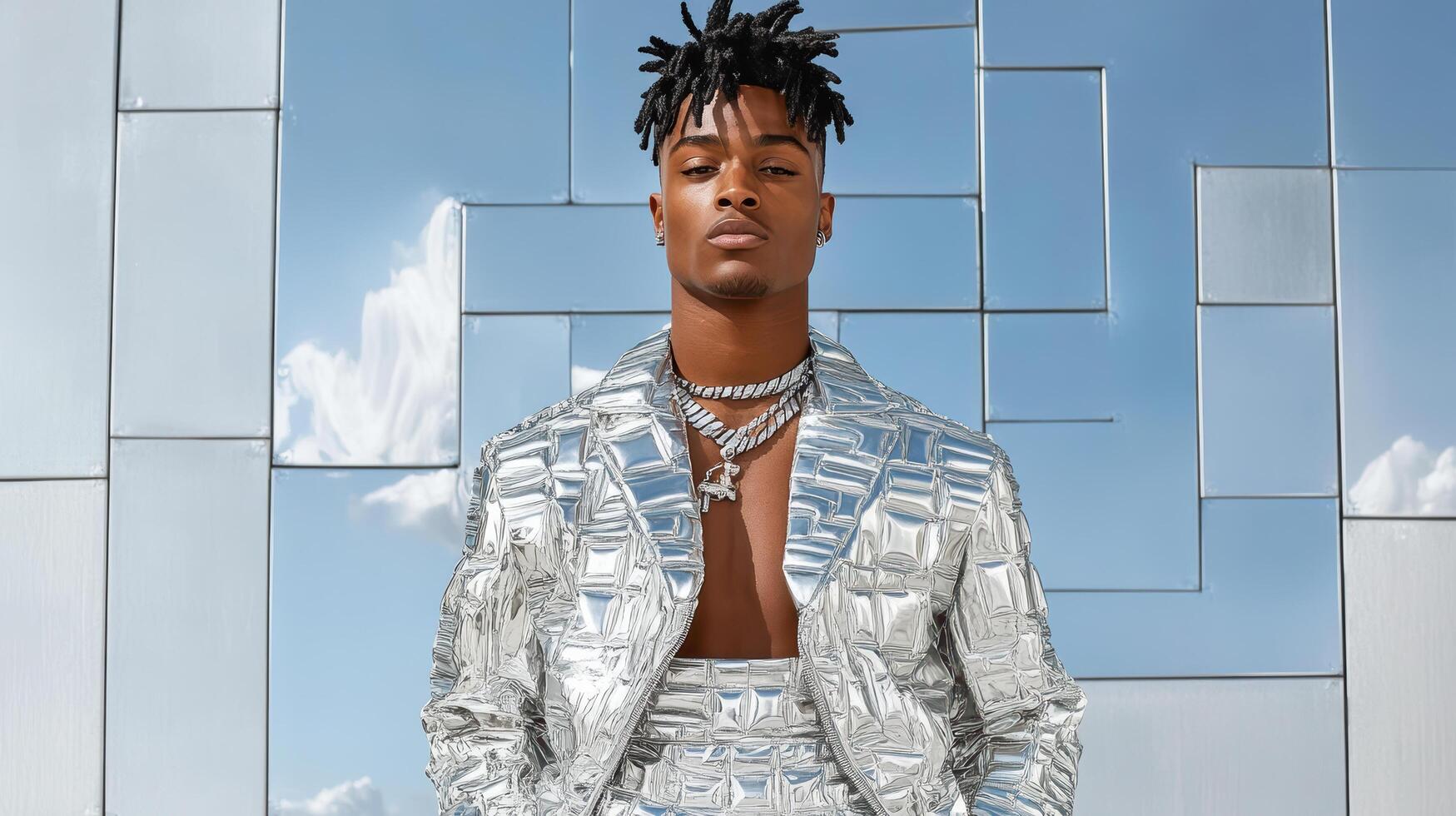 model in shiny metallic jumpsuit poses confidently against reflective background photo
