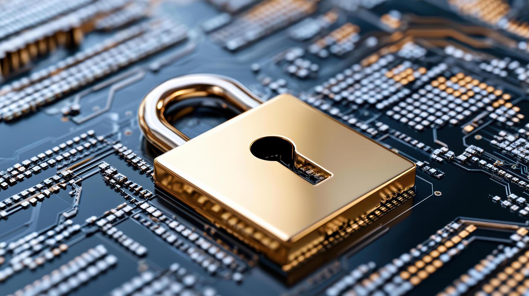 digital padlock icon symbolizes security on circuit board background photo