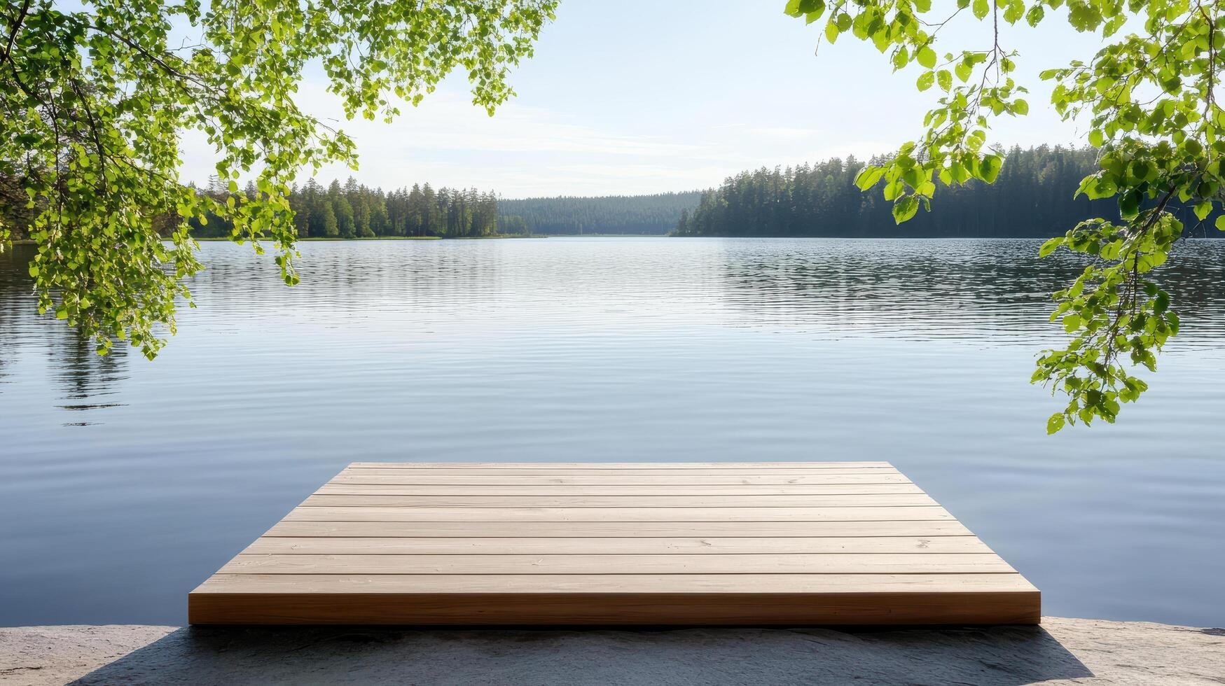 serene wooden platform by calm lake surrounded by lush greenery photo