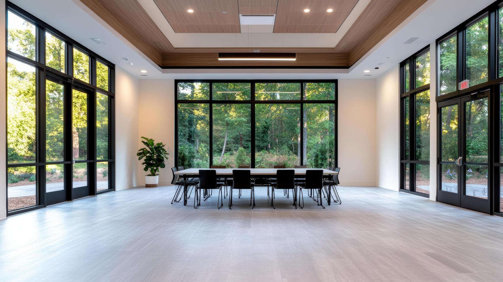 Modern conference room with large windows and natural light photo
