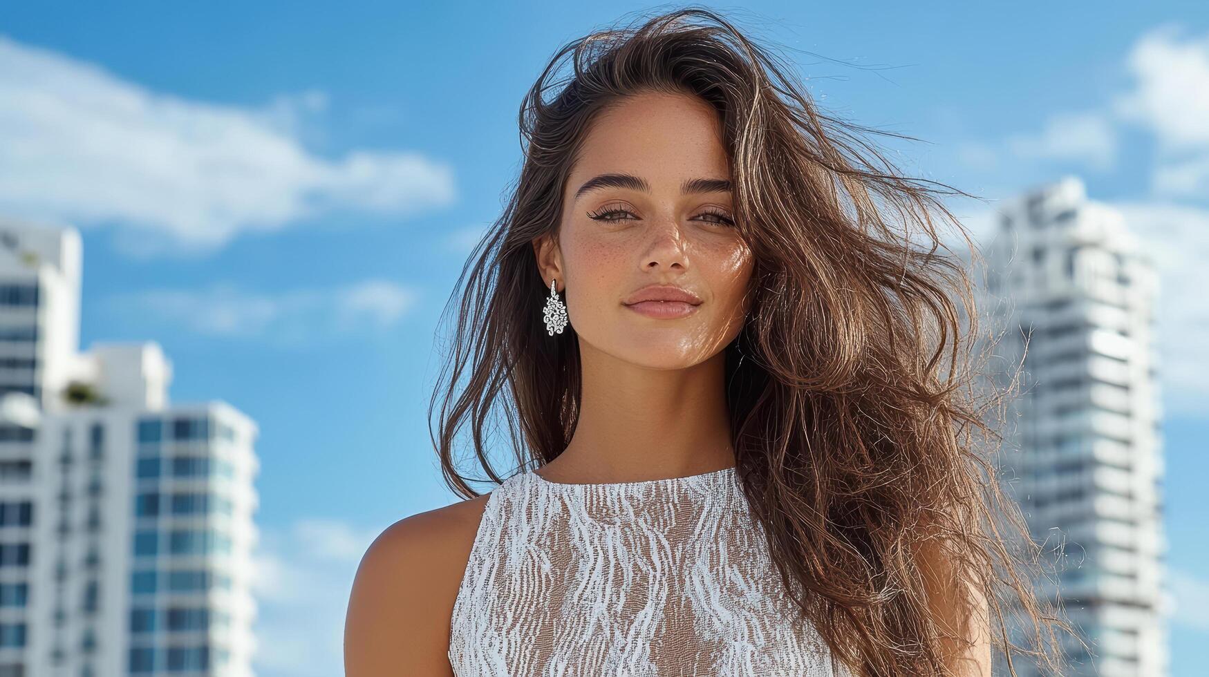 confident woman in stylish white dress against city backdrop photo