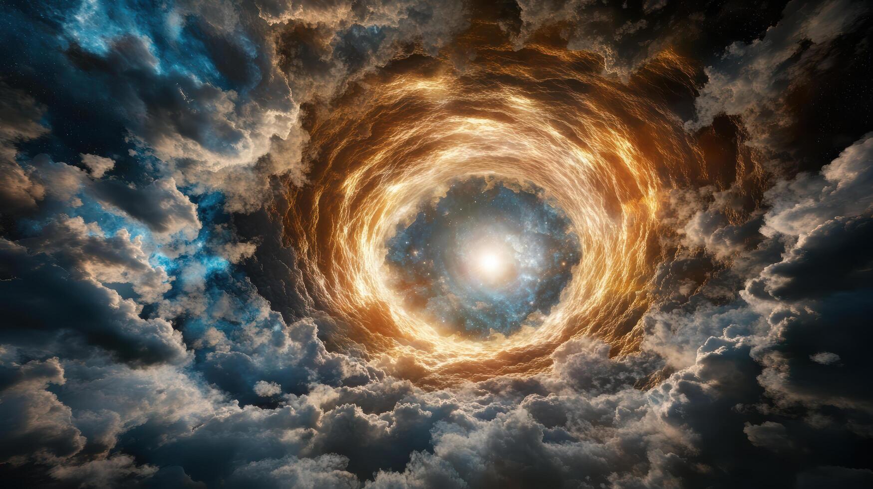 glowing wormhole surrounded by swirling clouds and cosmic light photo
