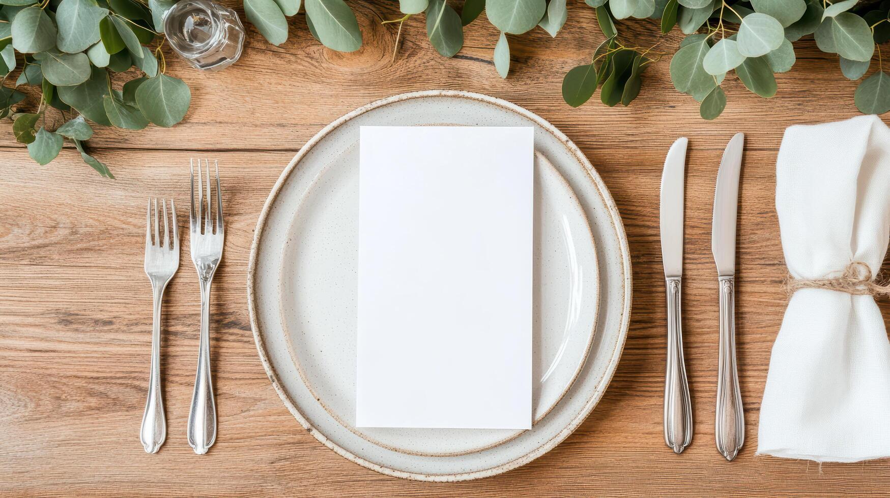 warm wooden table setting with blank menu, cutlery, and greenery photo
