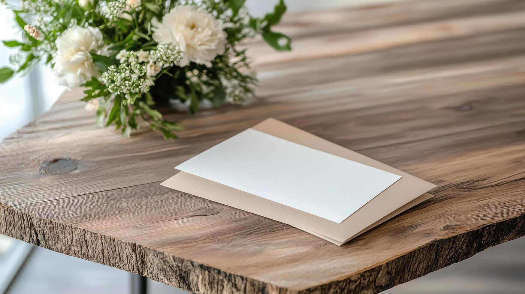 Elegant wedding invitation on rustic wooden table with flowers photo