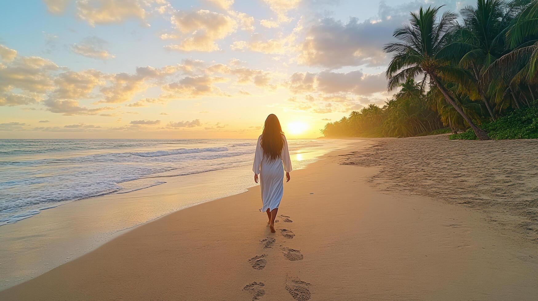 woman in white dress walks barefoot on sandy beach at sunset photo