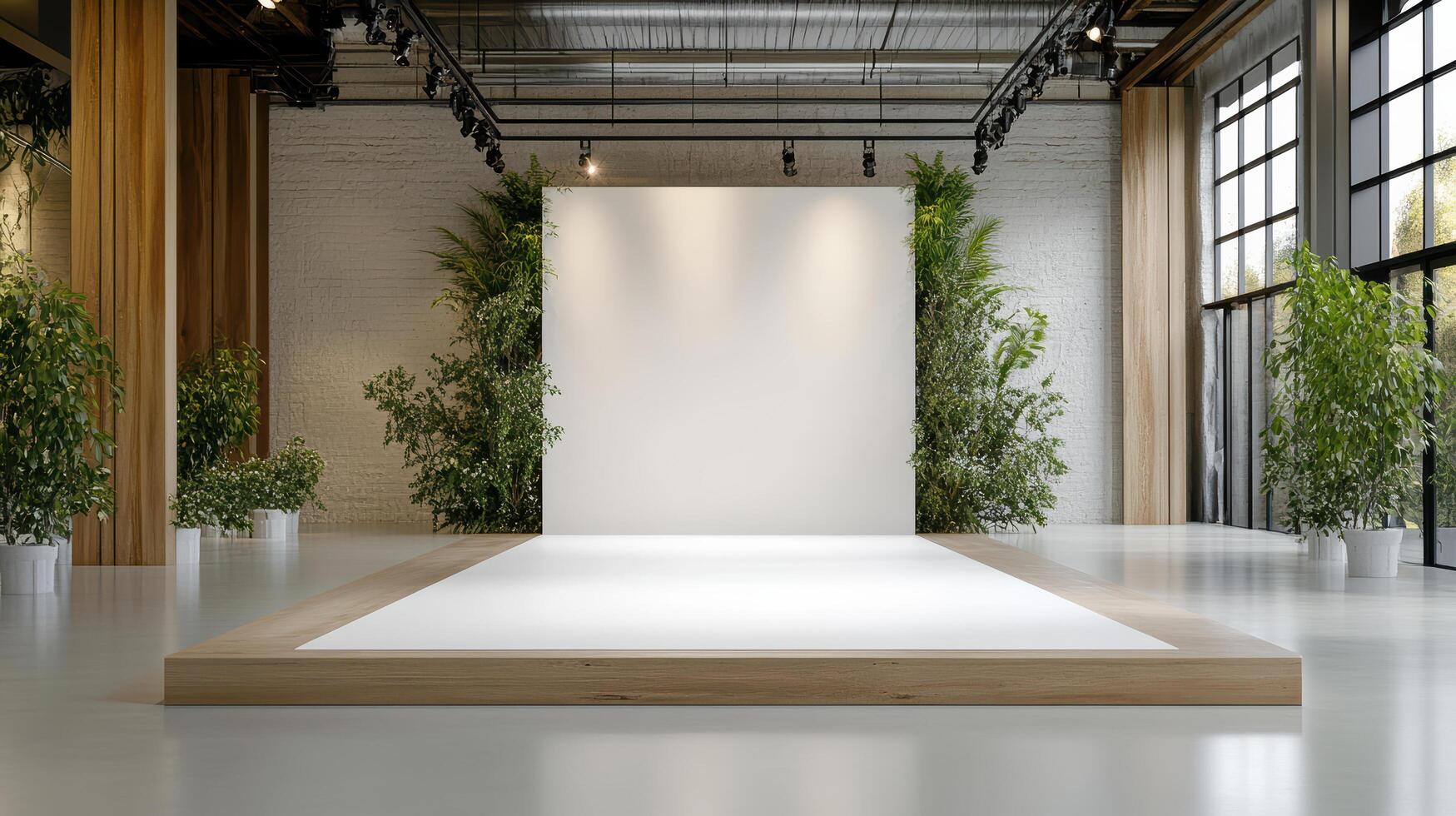 modern fashion runway with minimalist design and greenery photo