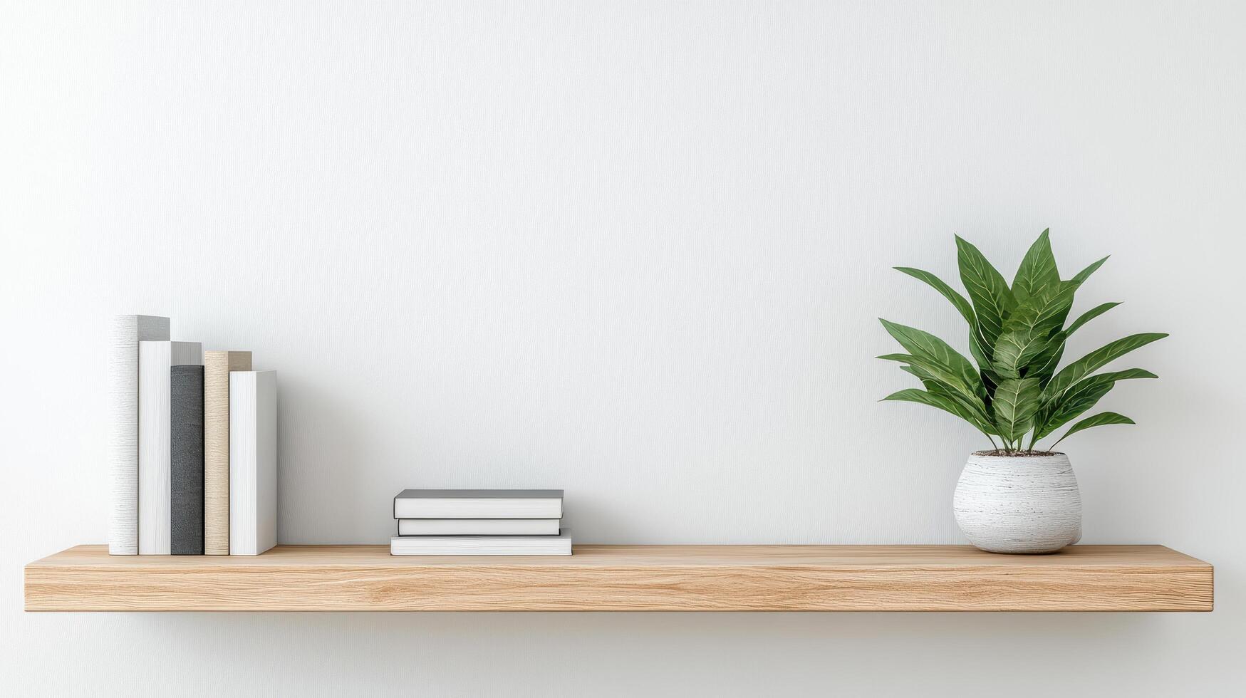 Modern open shelving unit displaying books and potted plant photo