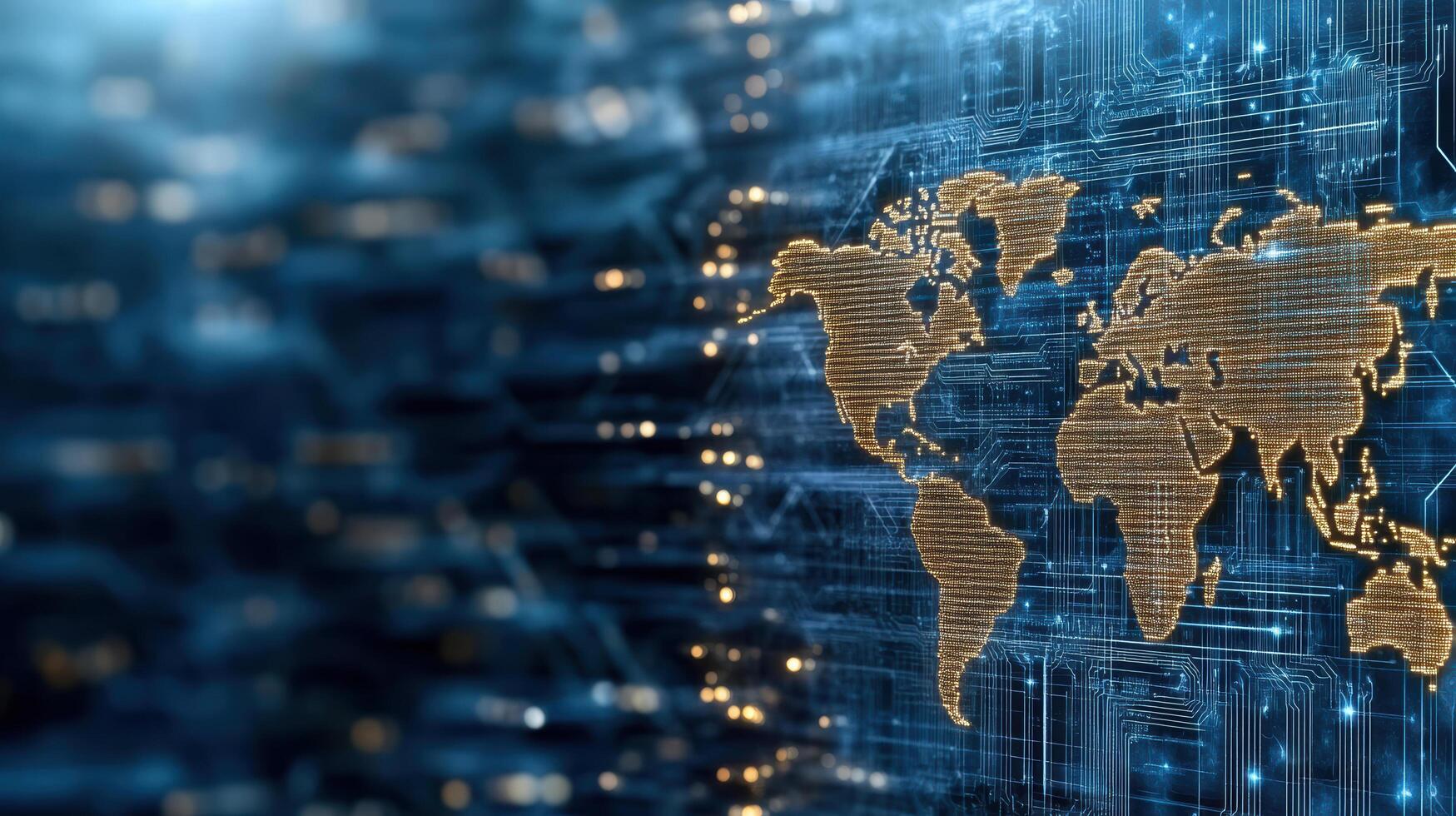 Digital world map with circuit patterns and glowing connections photo