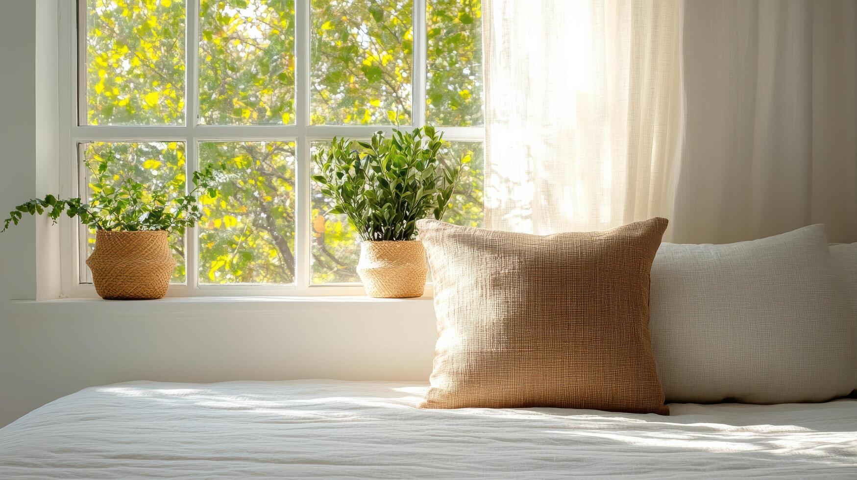 Cozy morning scene with sunlight, plants, and soft pillows on bed photo