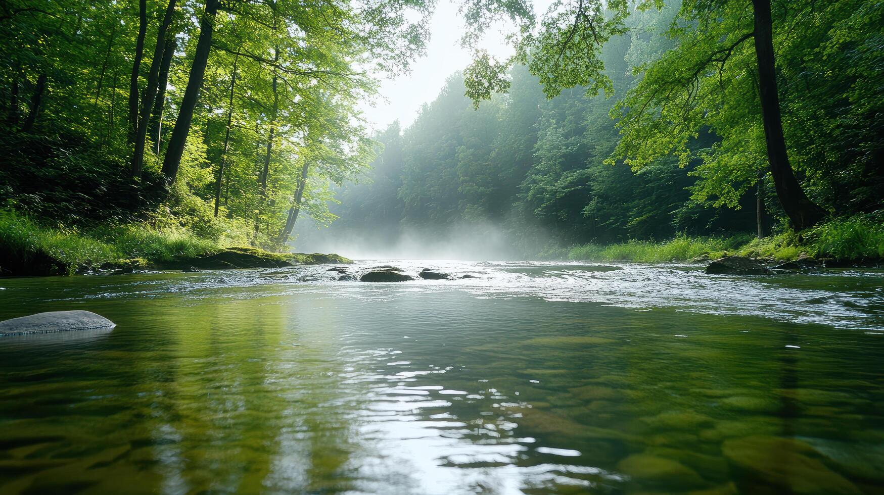 serene forest river flowing through dense fog, creating eerie yet peaceful atmosphere photo