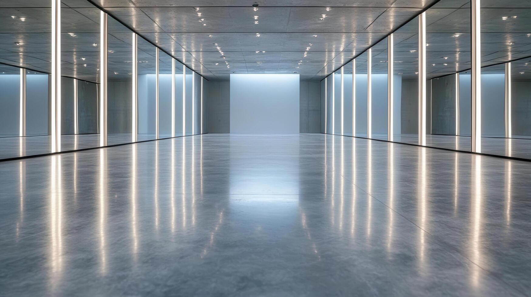 modern, minimalist space with mirrored walls and bright lighting creates futuristic atmosphere photo