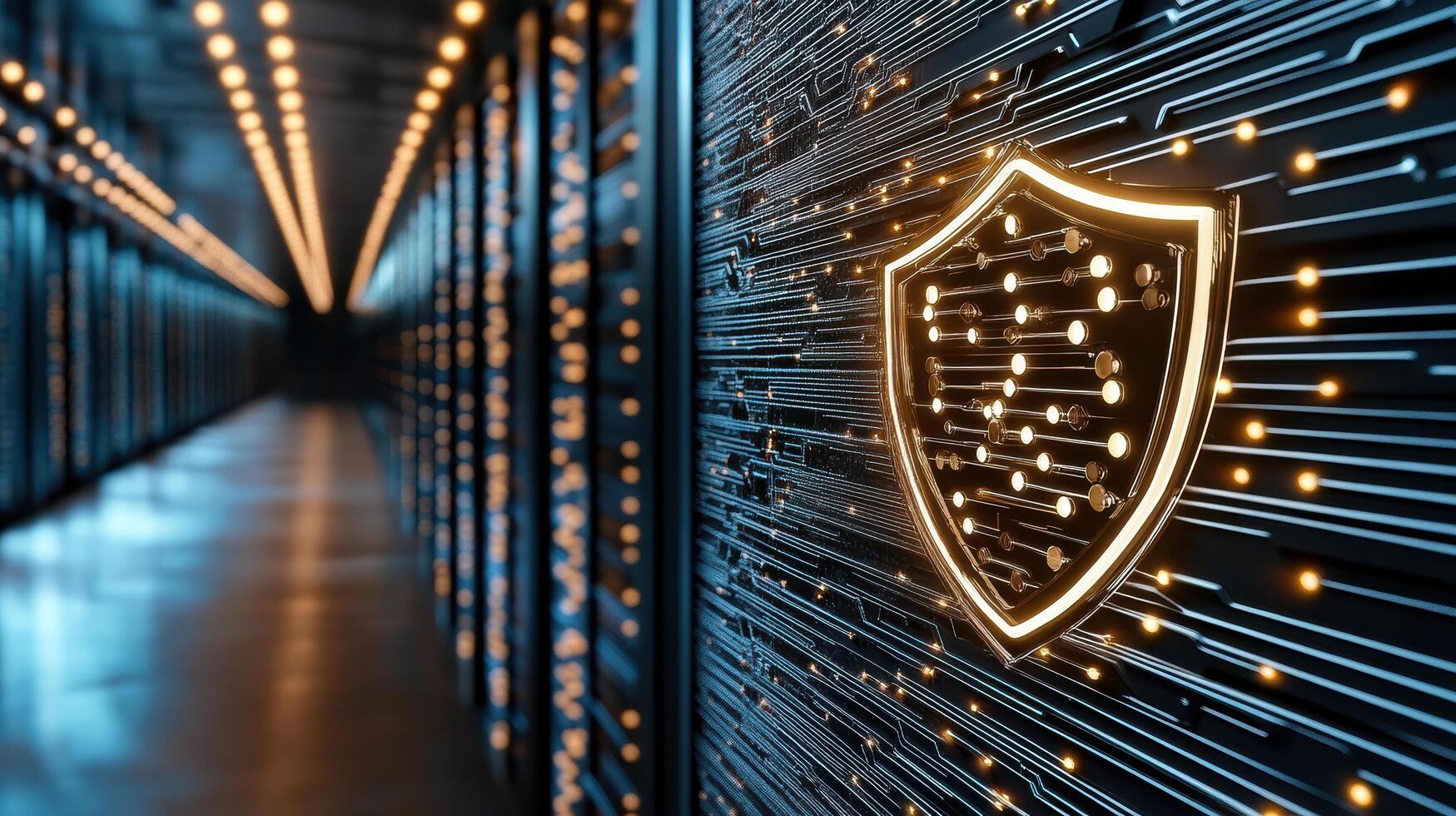 Futuristic firewall visualization with glowing shield and data lines photo