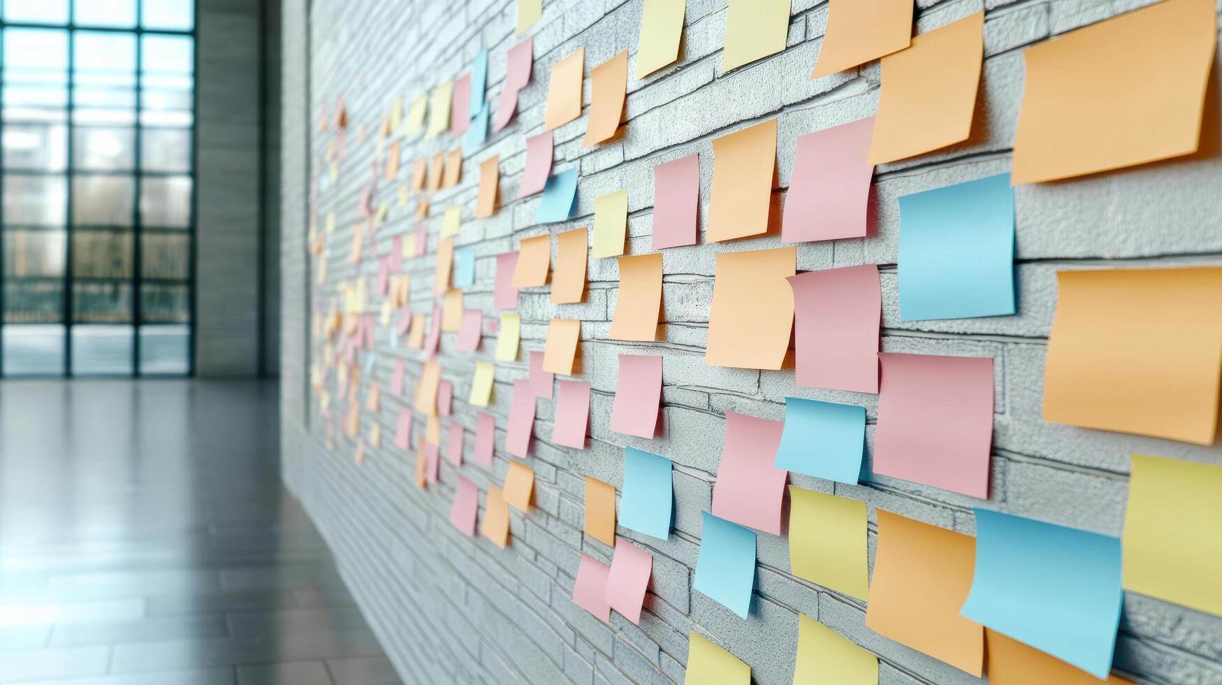 Colorful sticky notes on textured wall create vibrant display of ideas photo