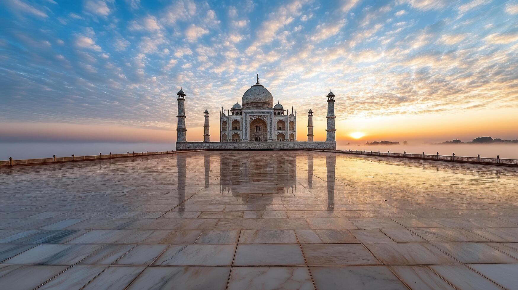 golden sunrise over Taj Mahal with soft mist rising, creating serene atmosphere photo