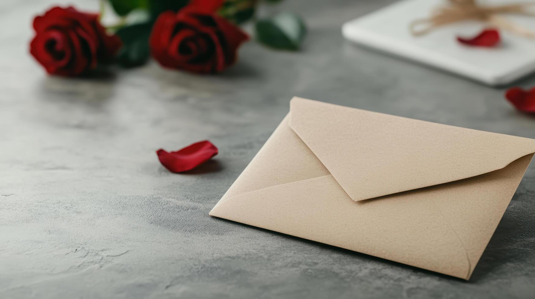 romantic love letter in sealed envelope with red roses nearby photo