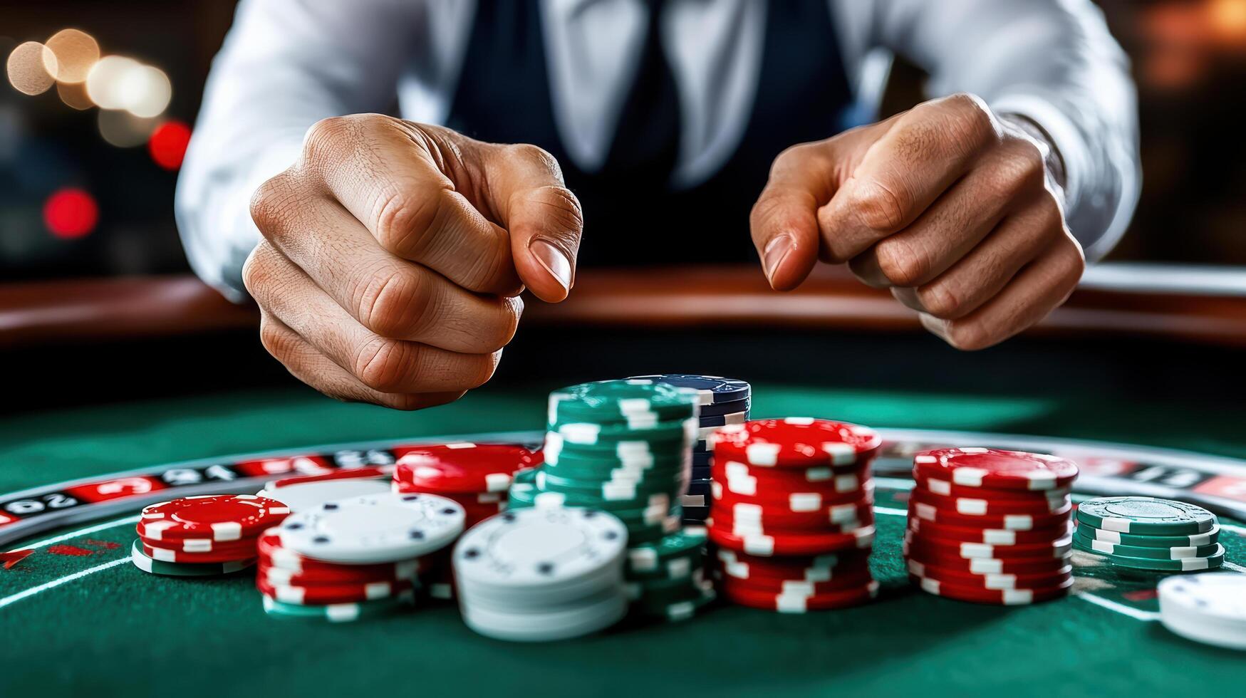 High stakes poker game with colorful chips and focused players photo