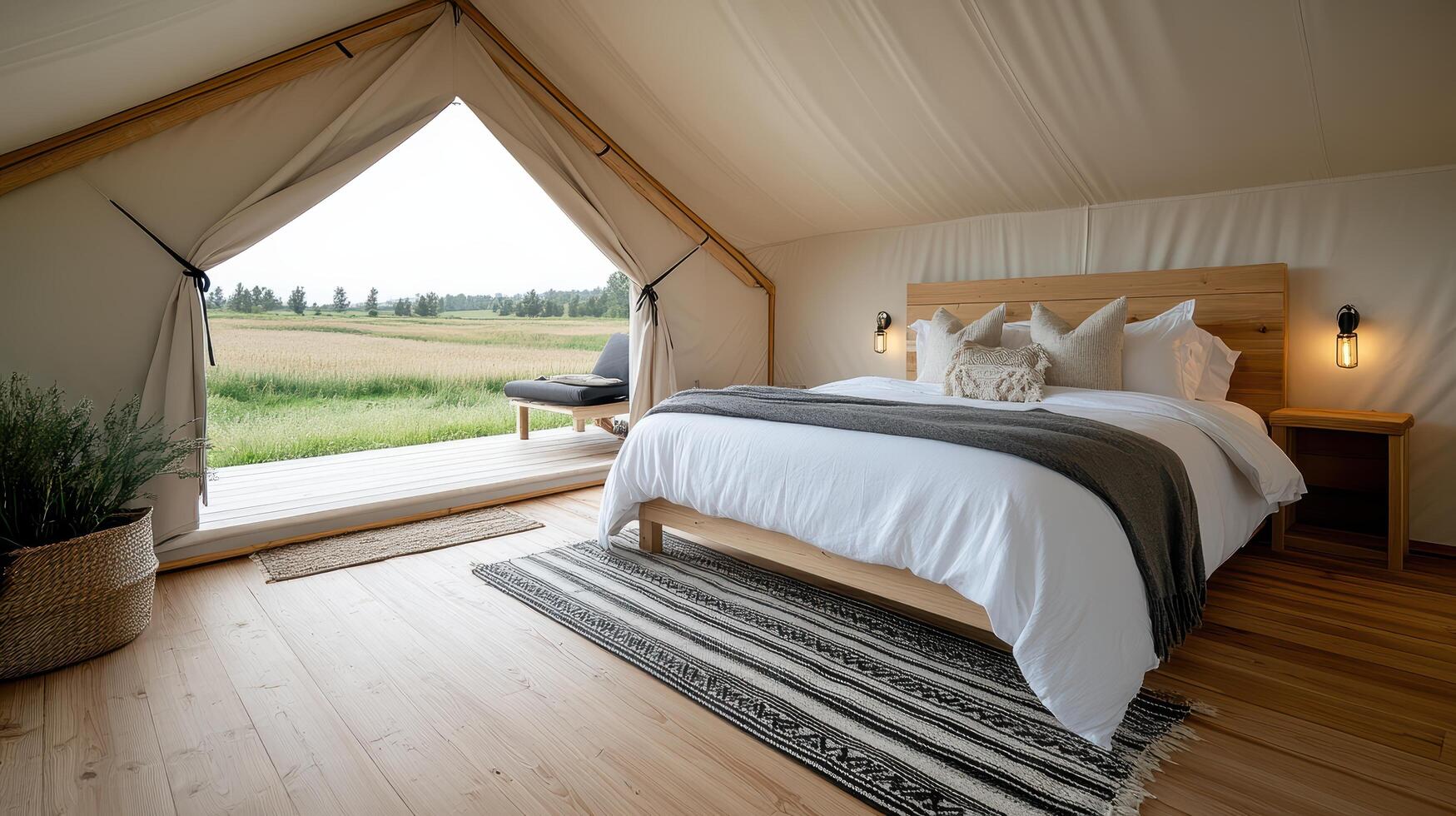 A bedroom with a bed and a window overlooking a field photo
