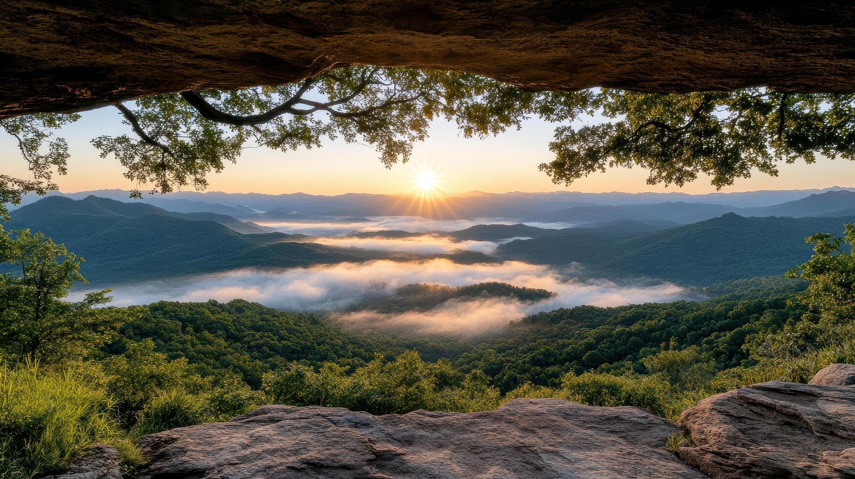 The sun rises over the mountains from a cave photo