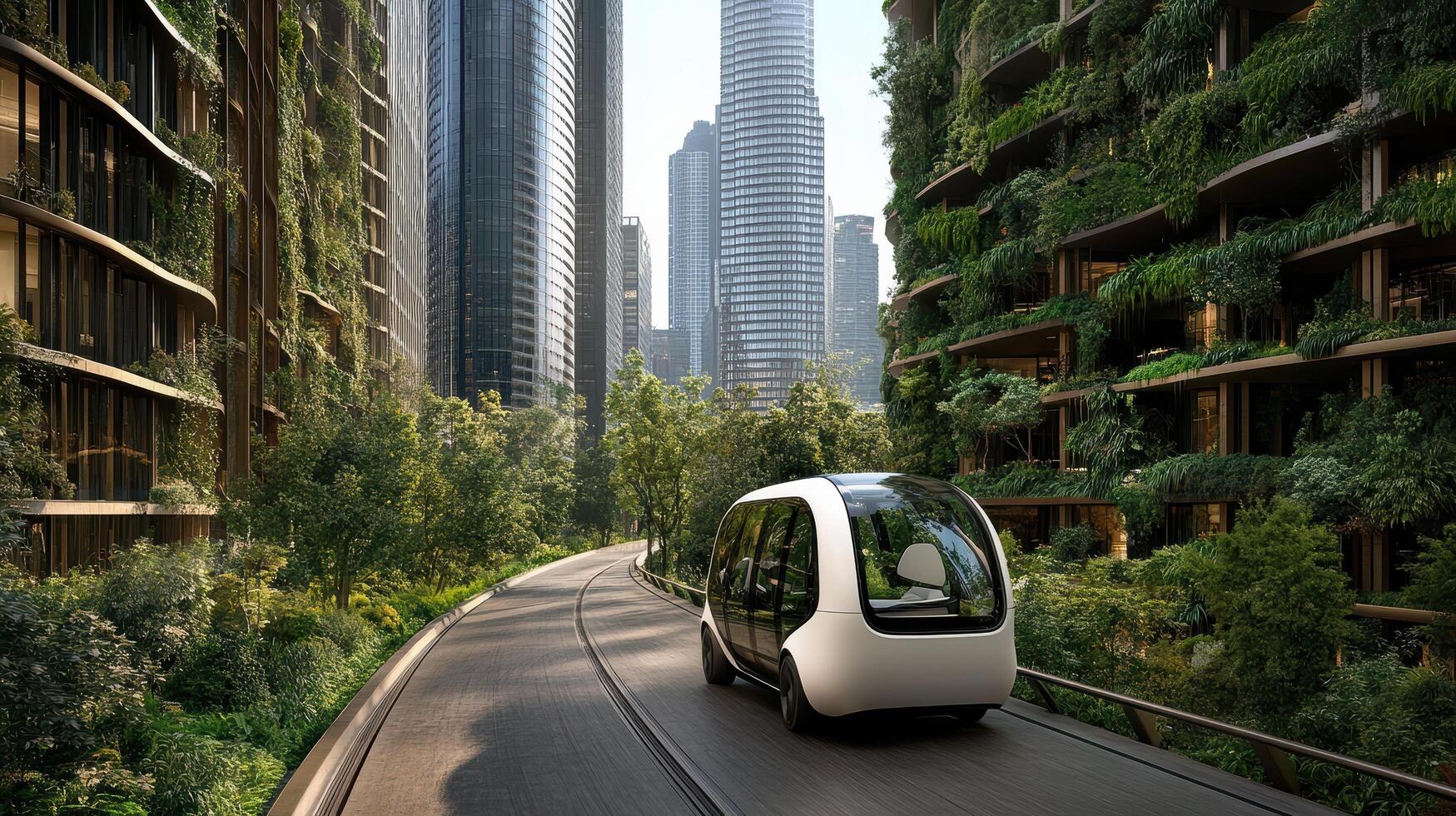 A self driving car driving down a city street photo