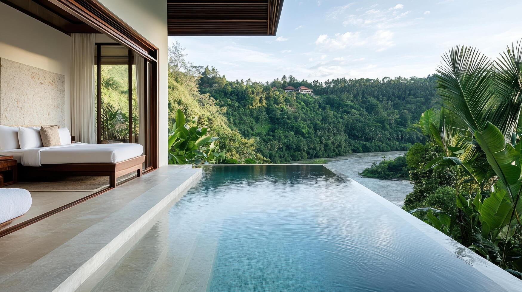 A view of the pool and the mountains from the balcony photo