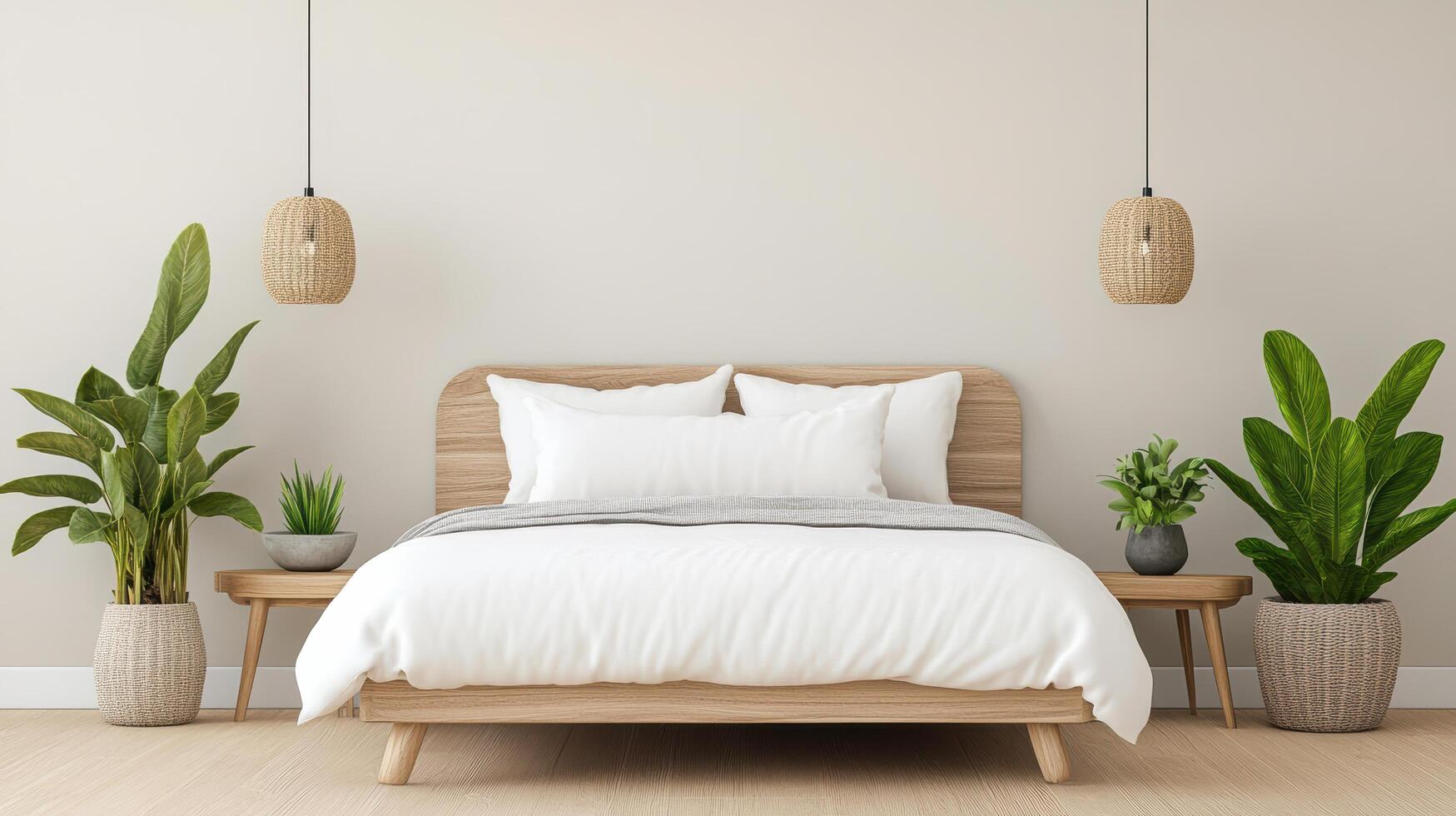 cozy bedroom featuring soft pastel tones, wooden bed, and lush plants photo
