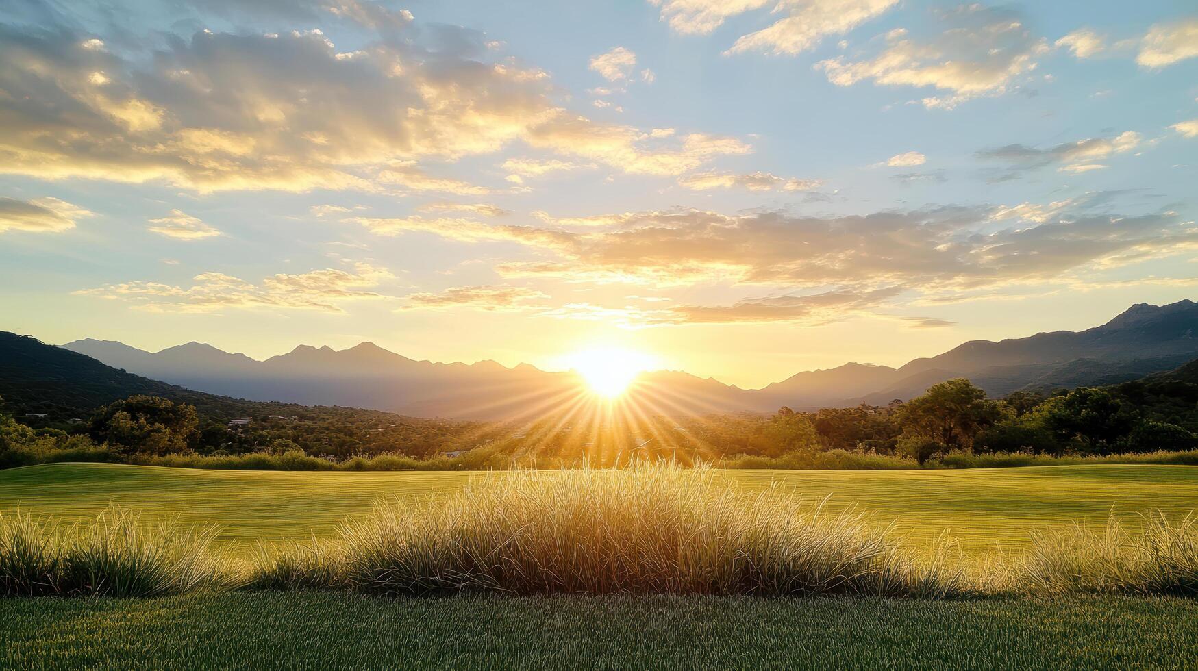 beautiful sunrise over golf course with mountains in background photo