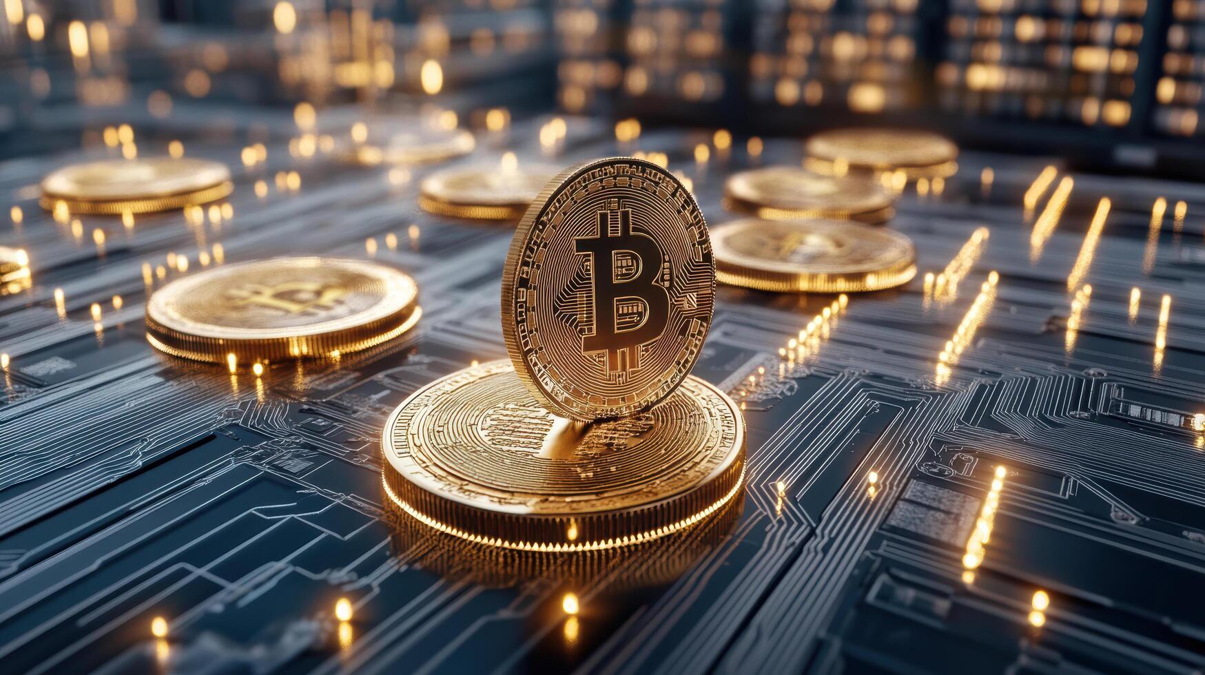 Digital finance concept with glowing cryptocurrency coins and technology photo