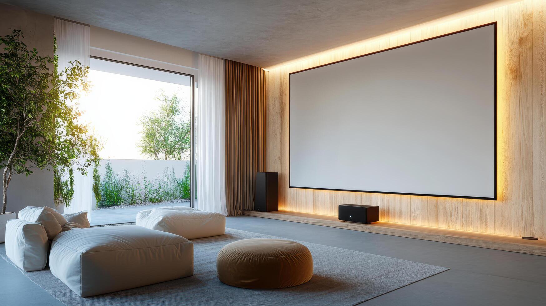 cozy home theater with large screen, soft seating, and natural light photo