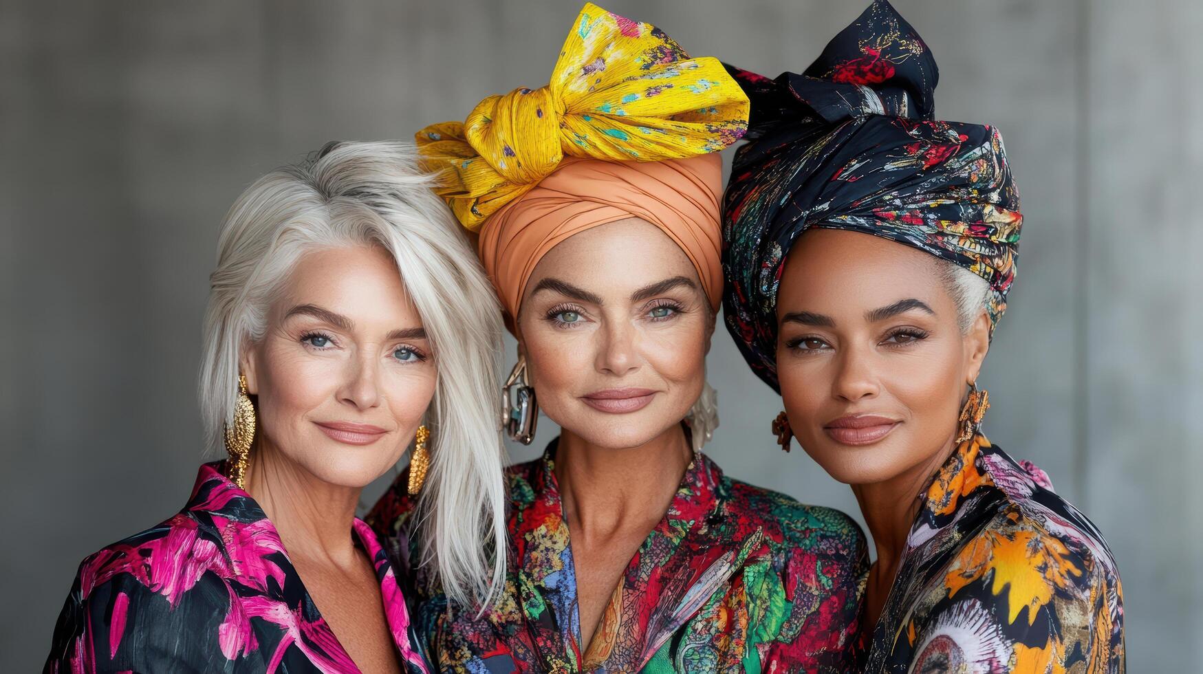 Diverse women showcasing vibrant fashion and unique headwraps photo