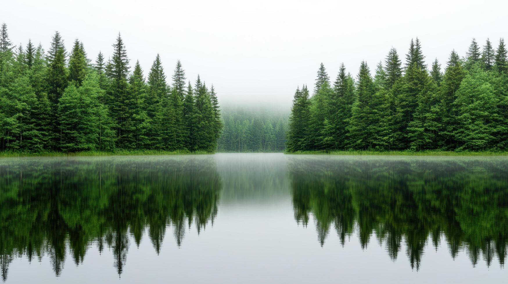 Lakeside scene with fog and reflections of lush green trees photo