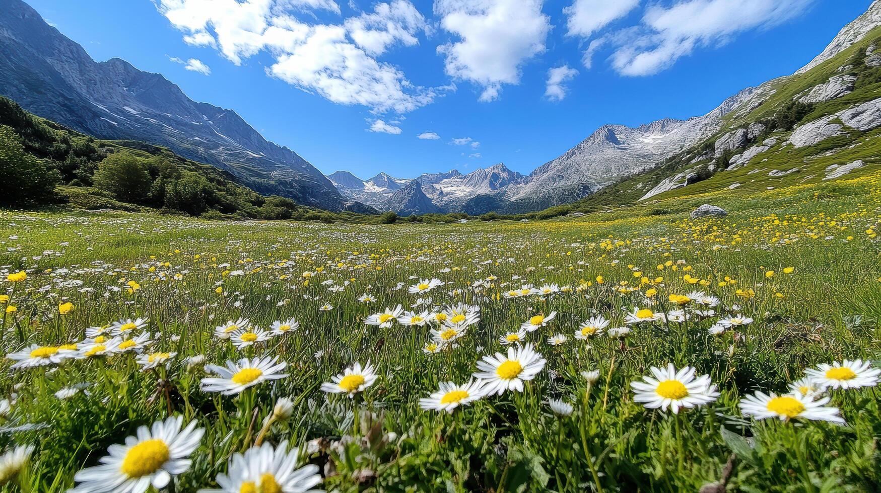 scenic mountain view with wildflowers in foreground, showcasing nature beauty photo
