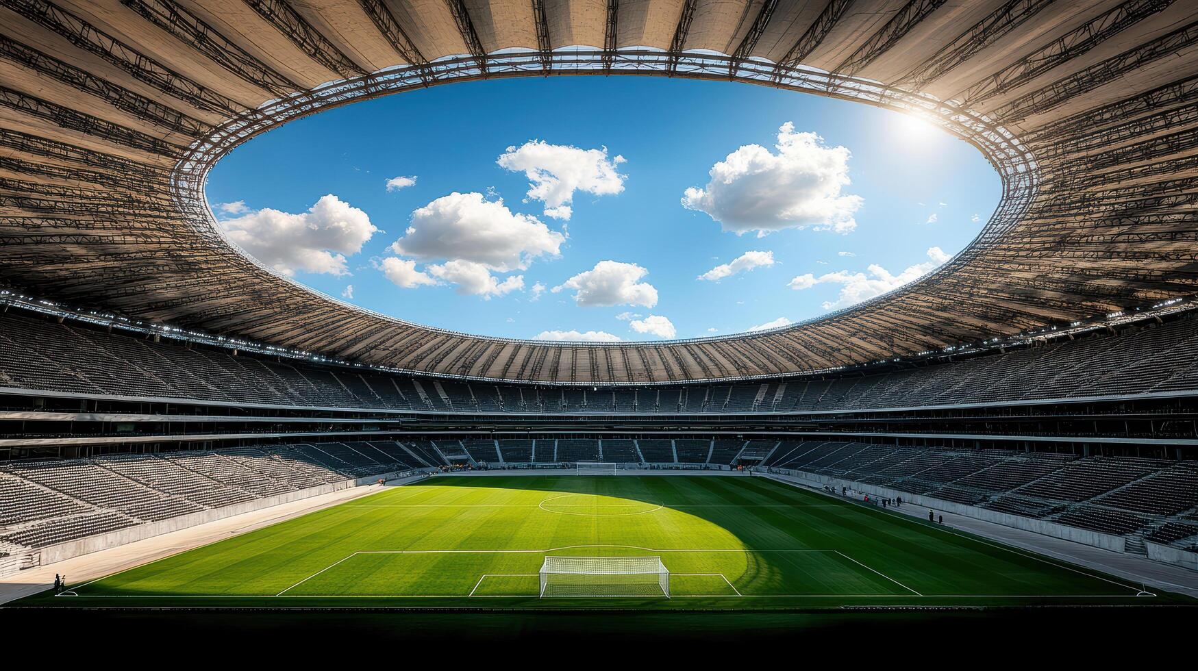stunning view of massive stadium with soccer field under bright sky photo